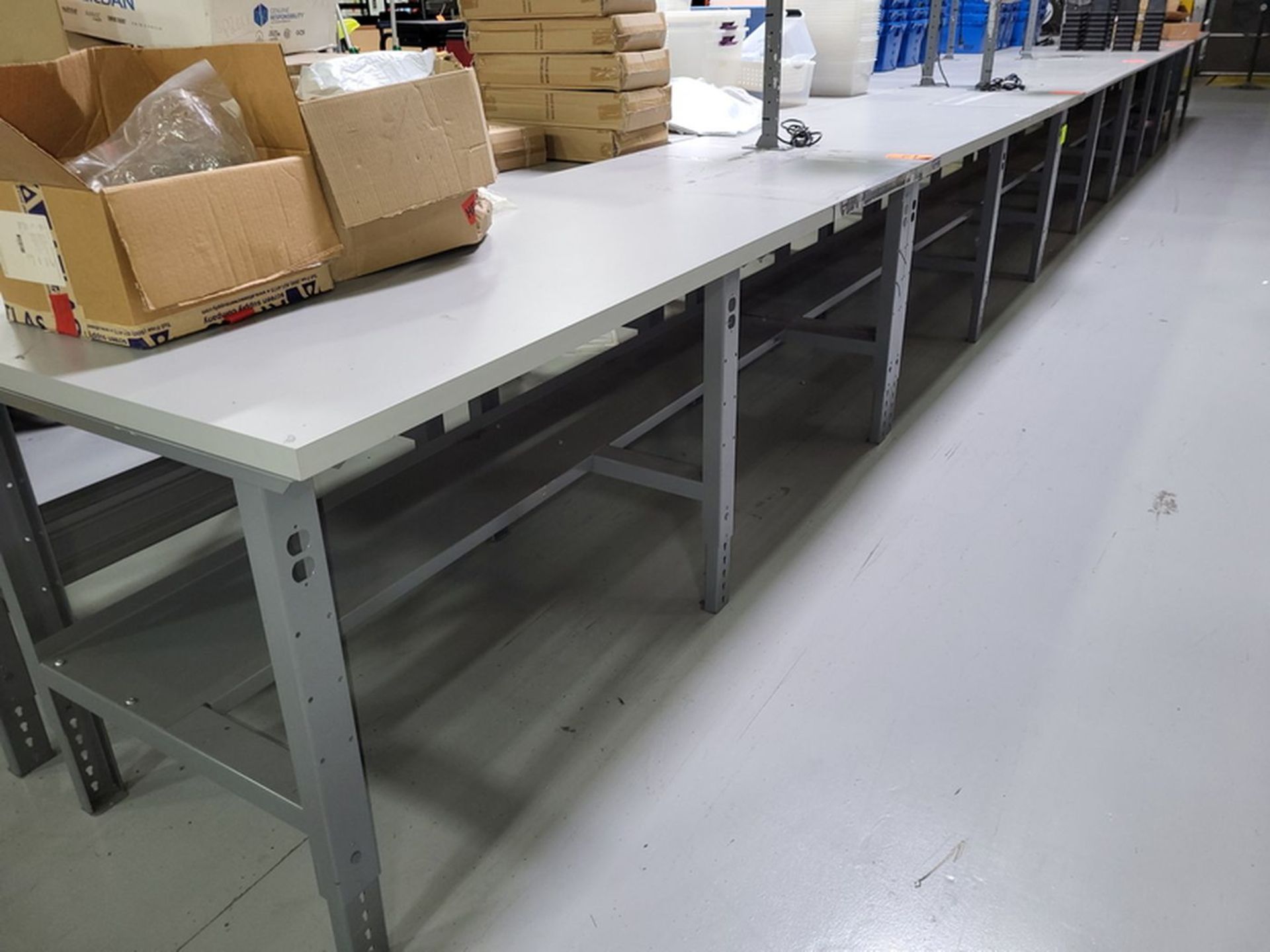 Lot - (5) 8 ft. x 3 ft. Laminate Worktables; Adjustable Height, All with Electric Fan Mount (Late