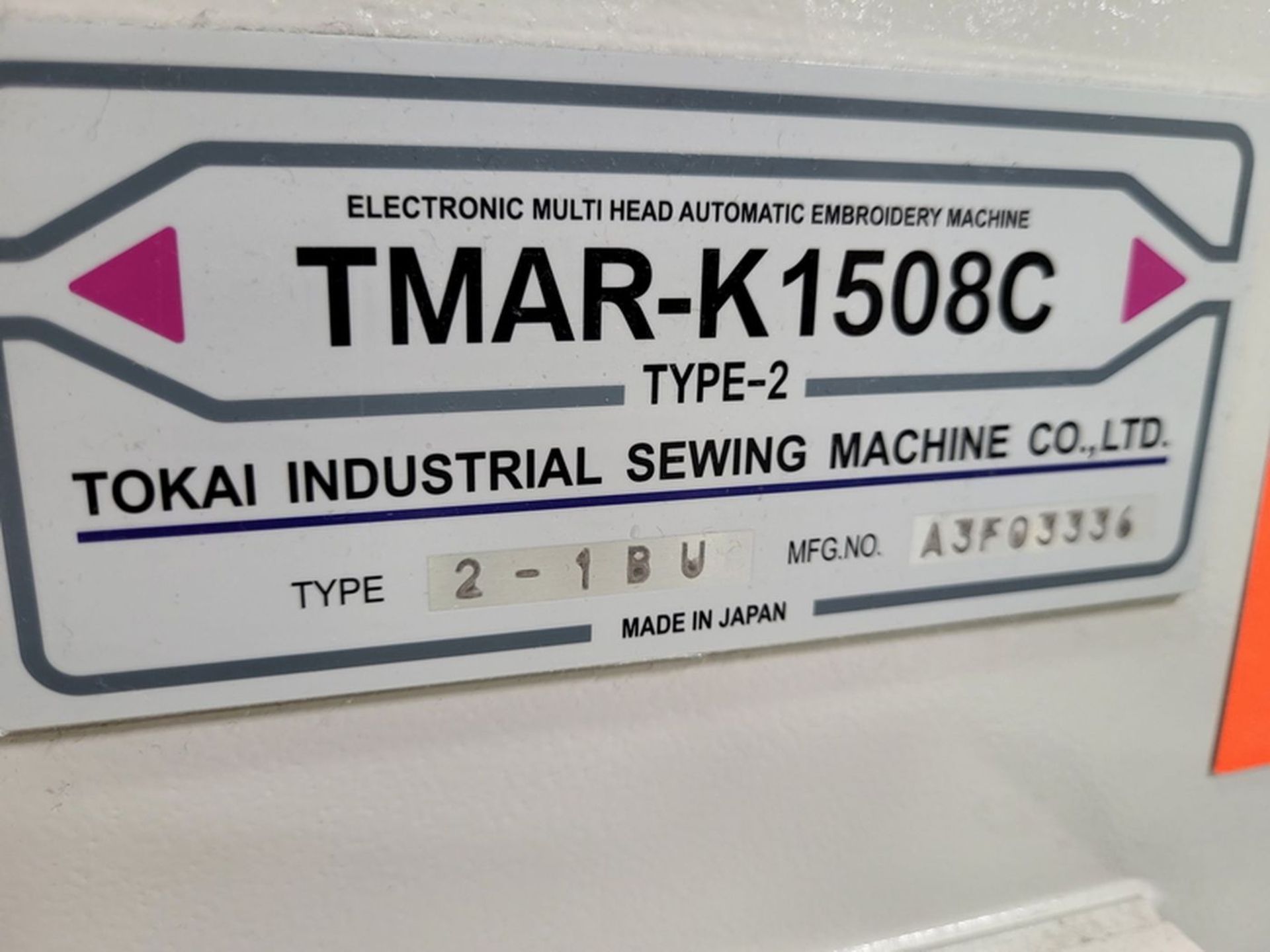 Tajima Model TMAR-K1508C 15-Needle 8-Multicolor Heads Type 2-1BU Embroidery Machine, S/N: - Image 5 of 5