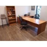 Lot - L-Shaped Executive Wood Desk; Includes (2) Swivel Chairs, and (1) Bookcase