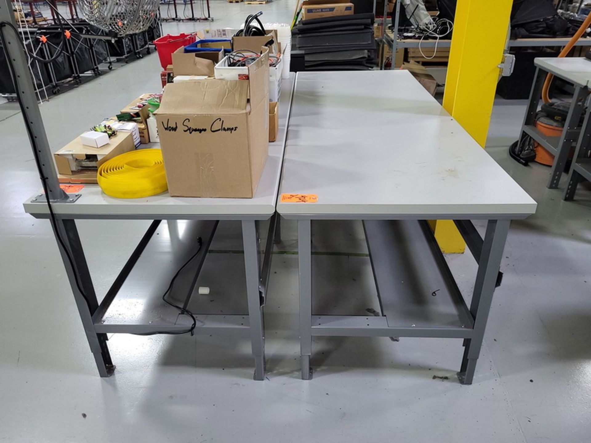 Lot - (2) 8 ft. x 3 ft. Laminate Worktables; Adjustable Height, (1) with Electric Fan Mount