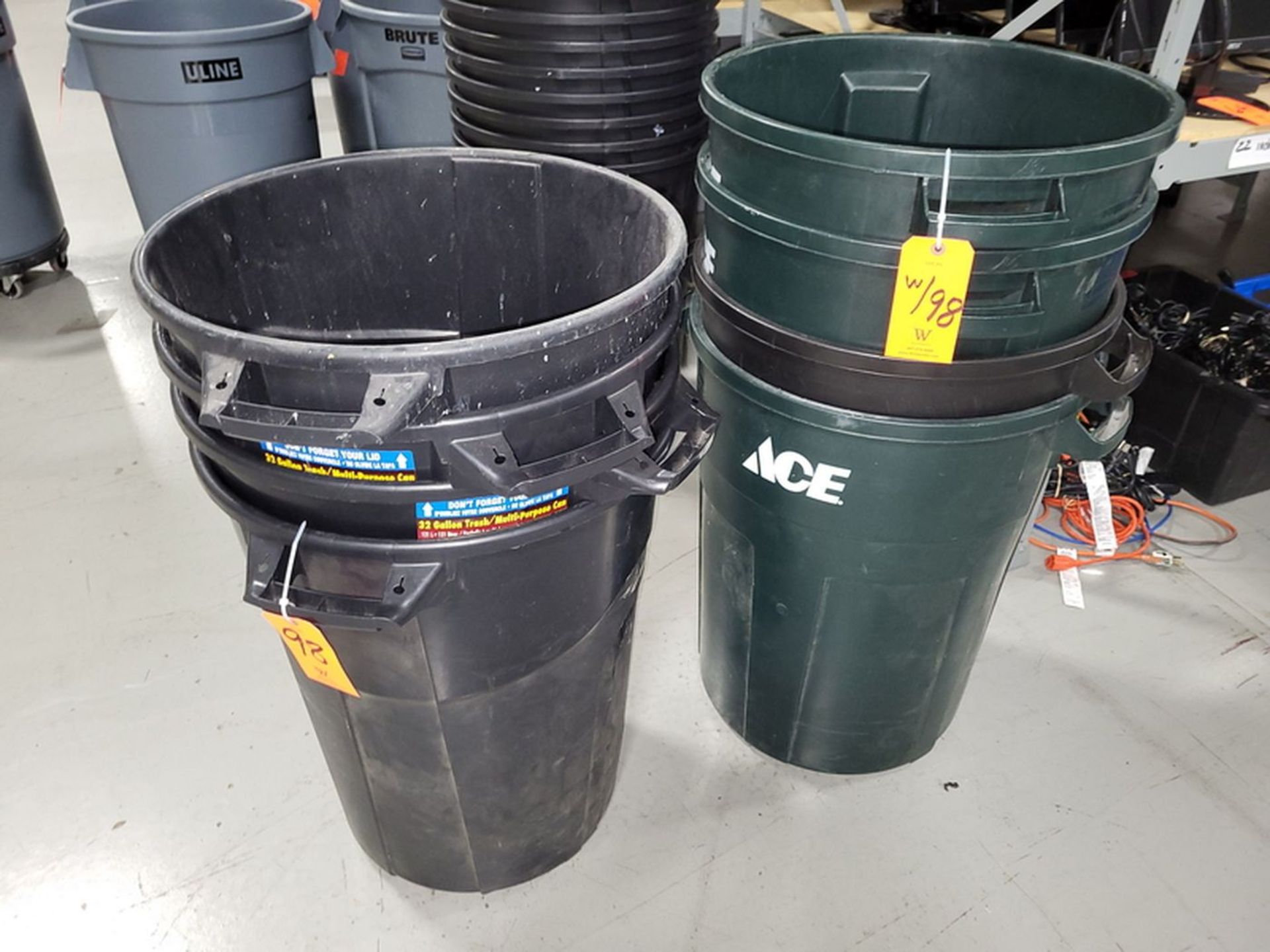 Lot - (8) 44-Gallon Poly Trash Cans;