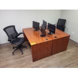 Lot - Office Furnishings; to Include: (2) Wood Office Desks, (2) Monitor Stands with Acer