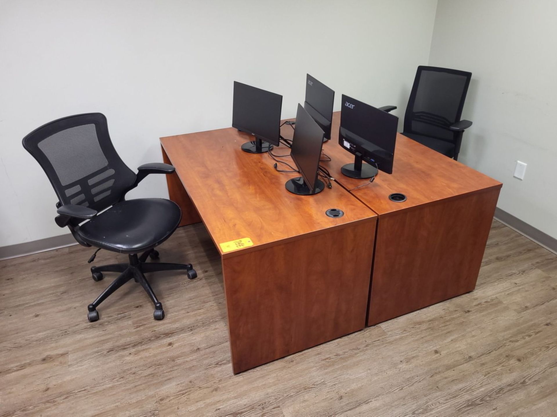 Lot - Office Furnishings; to Include: (2) Wood Office Desks, (2) Monitor Stands with Acer