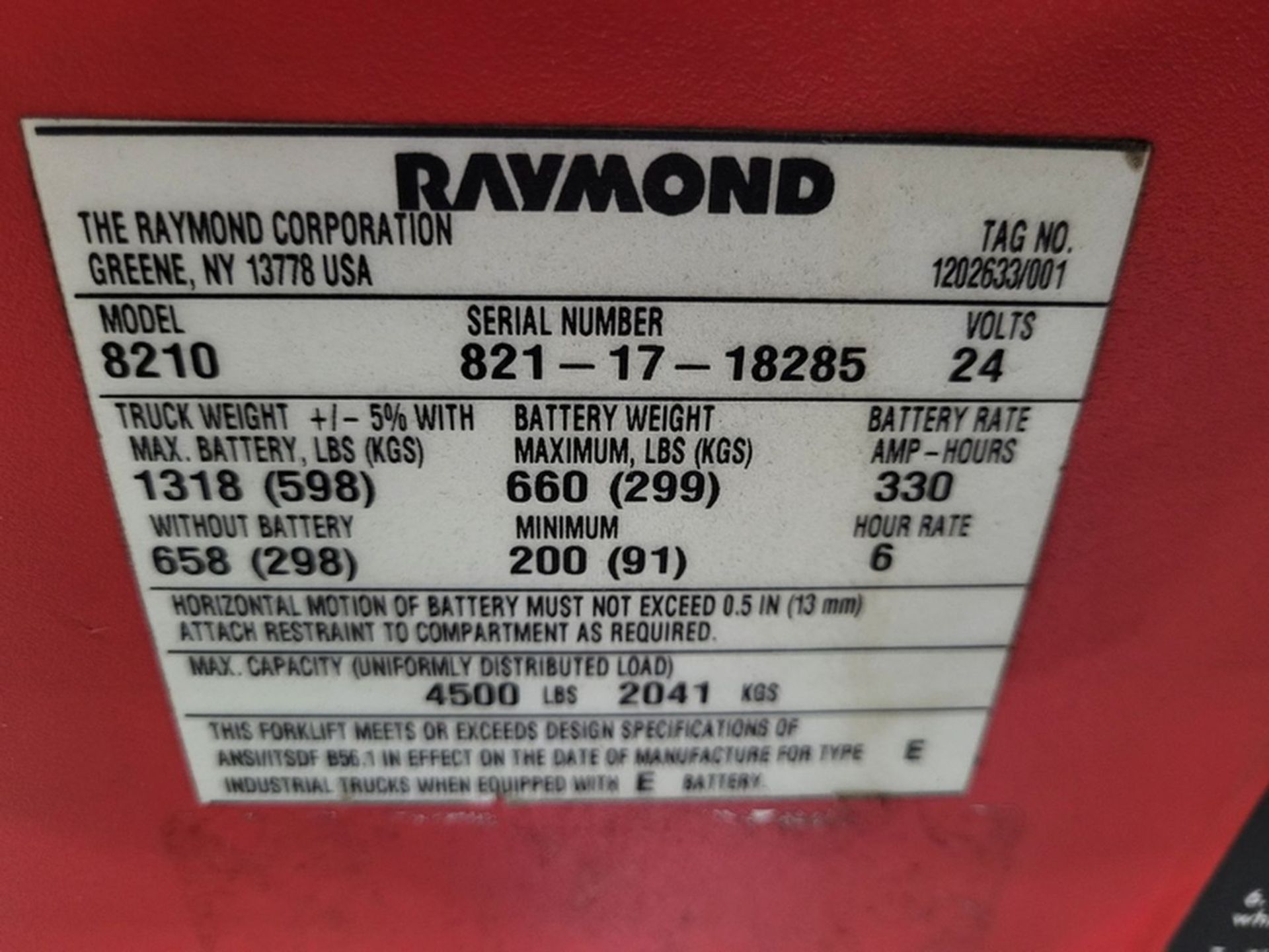 Raymond 4,500 lb. Cap. Model 8210 Electric Pallet Jack, S/N: 821-17-18285; 24-Volt (I.D.: 44120), - Image 5 of 7