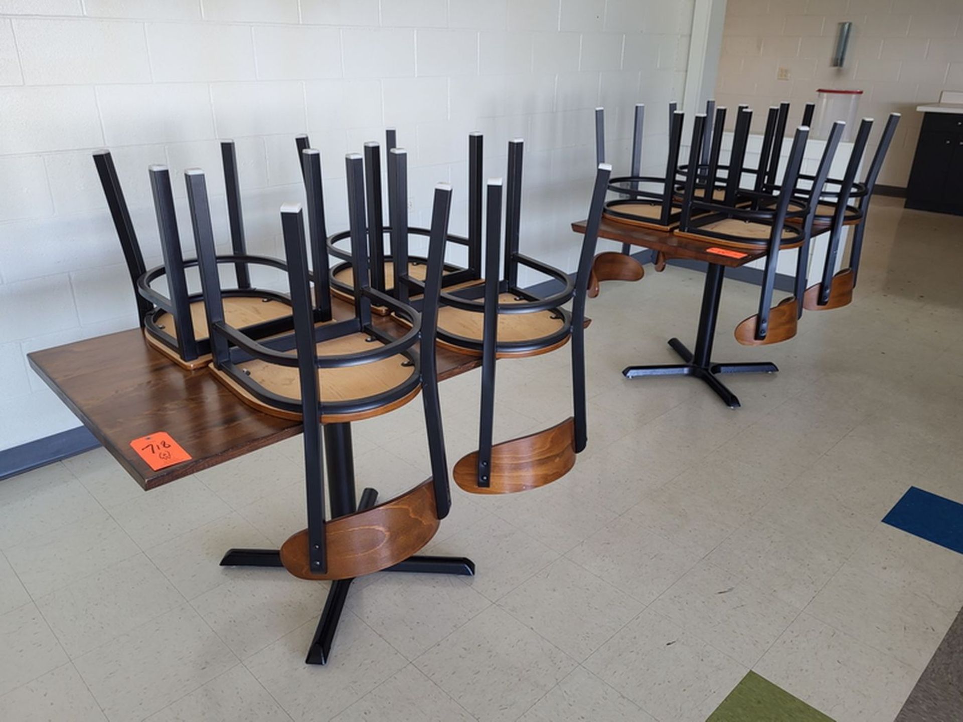 Lot - (2) Wood Cafeteria Tables & (8) Matching Chairs; 30 in. x 48 in.