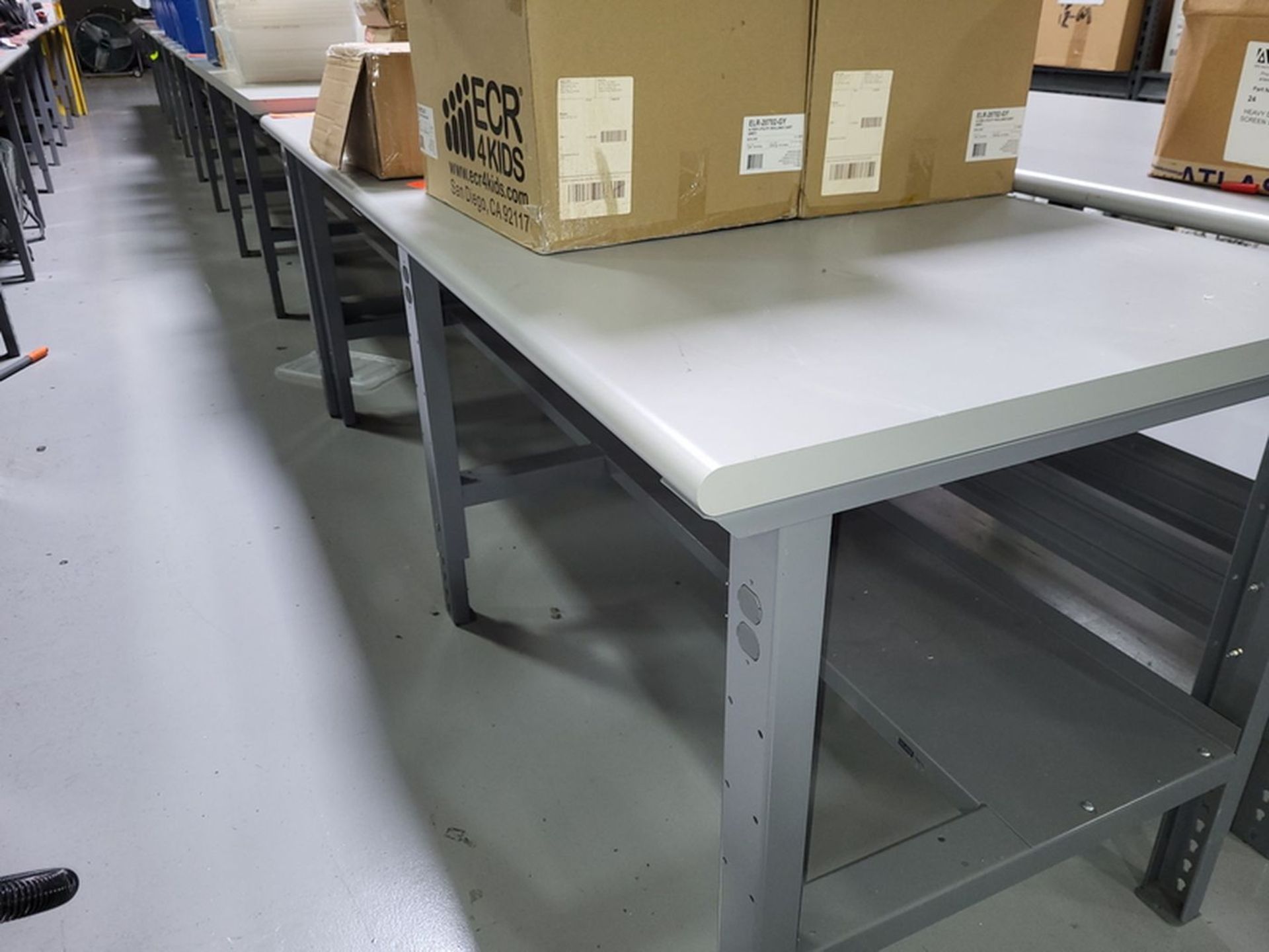 Lot - (5) 8 ft. x 3 ft. Laminate Worktables; Adjustable Height, (4) with Electric Fan Mount (Late