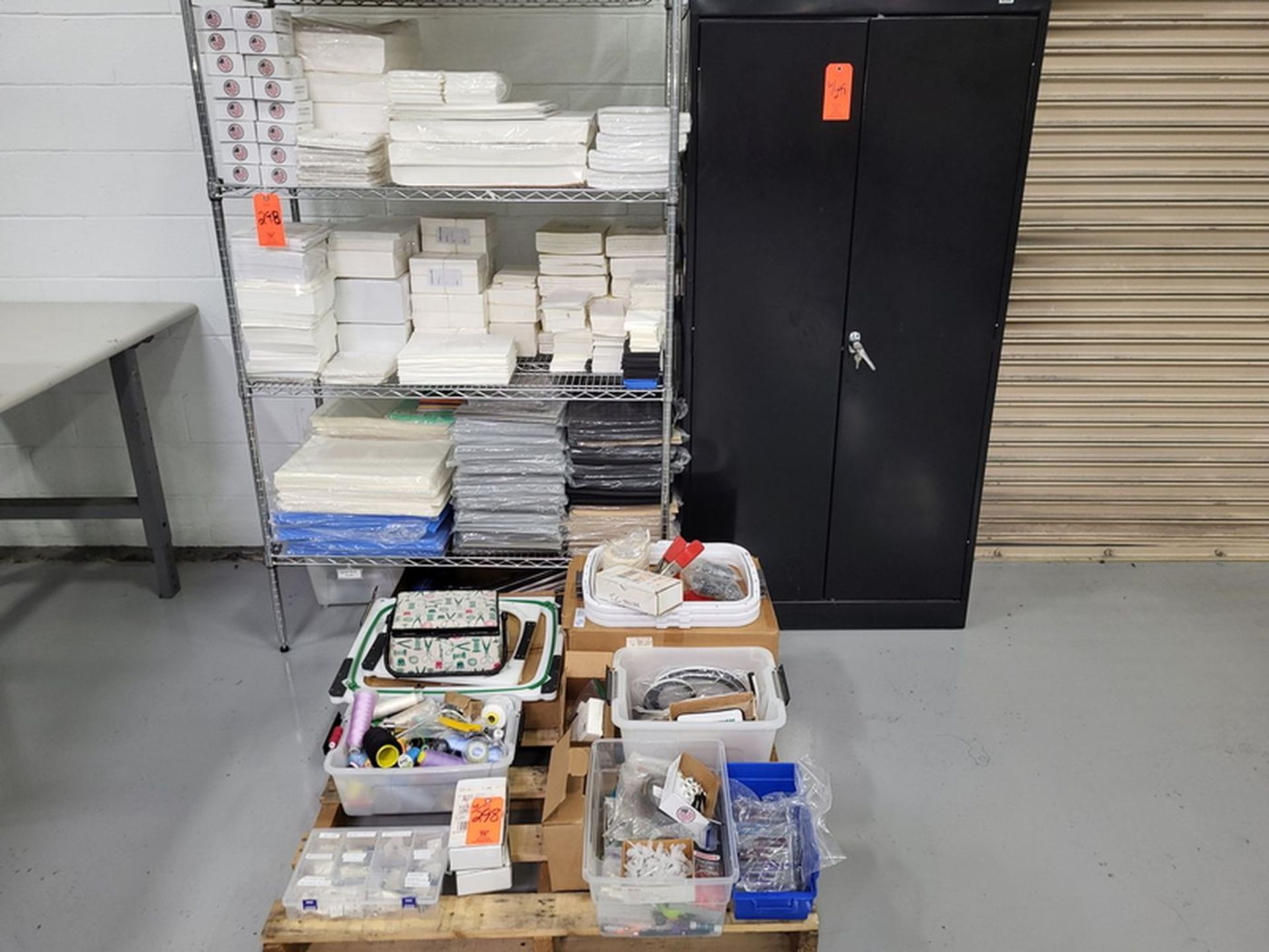 Lot - Supply Cabinet, Wire Rack, (2) Metal File Cabinets & Contents, Assorted Embroidery