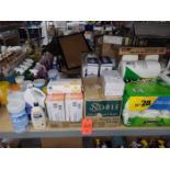 Lot - Assorted Cleaning Supplies; Includes Exam Gloves, Mop Heads, Paper Towels, Hand Sanitizer,