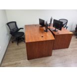 Lot - Office Furnishings; to Include: (2) Wood Office Desks, (2) Monitor Stands with ViewSonic