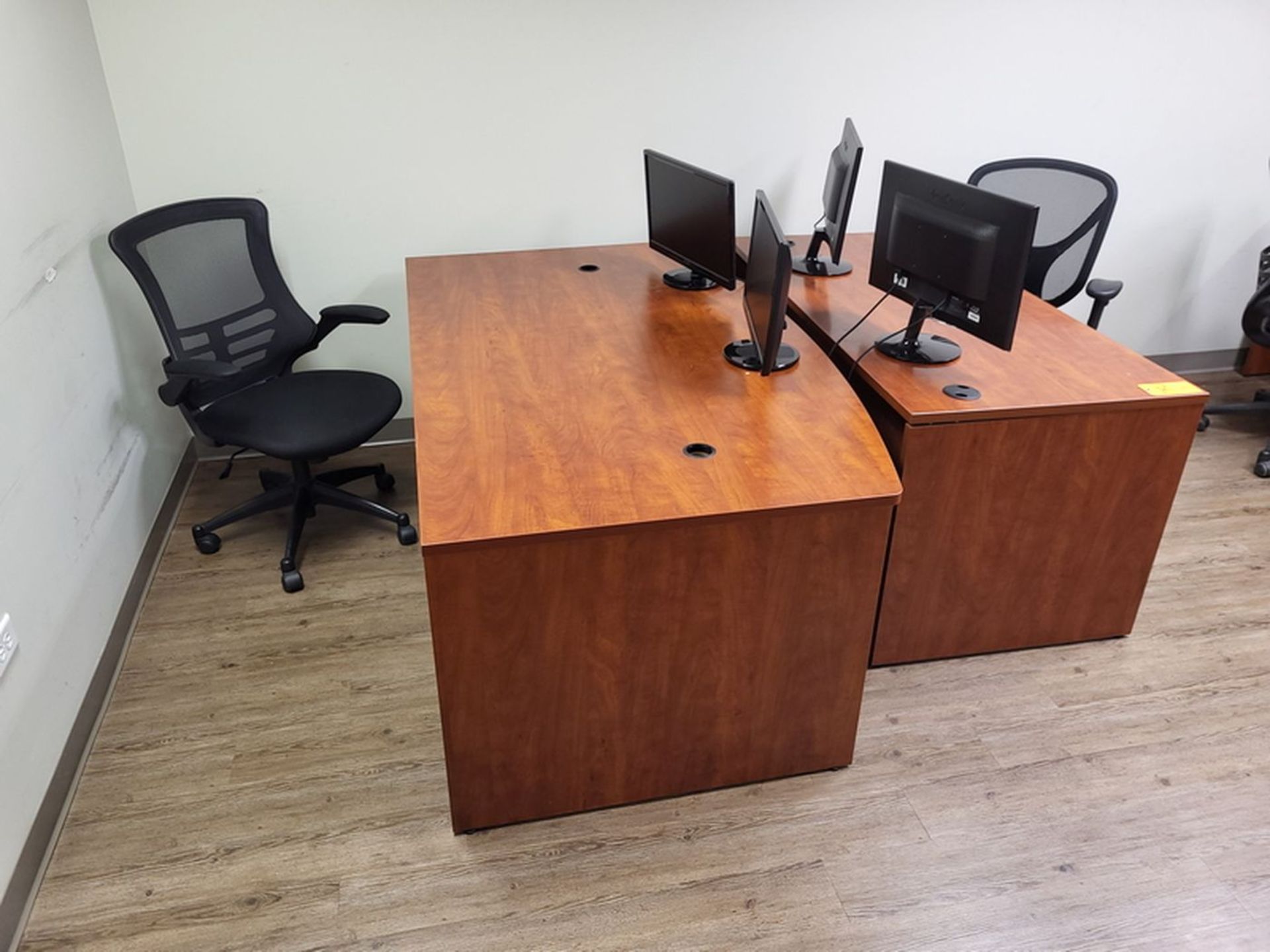 Lot - Office Furnishings; to Include: (2) Wood Office Desks, (2) Monitor Stands with ViewSonic