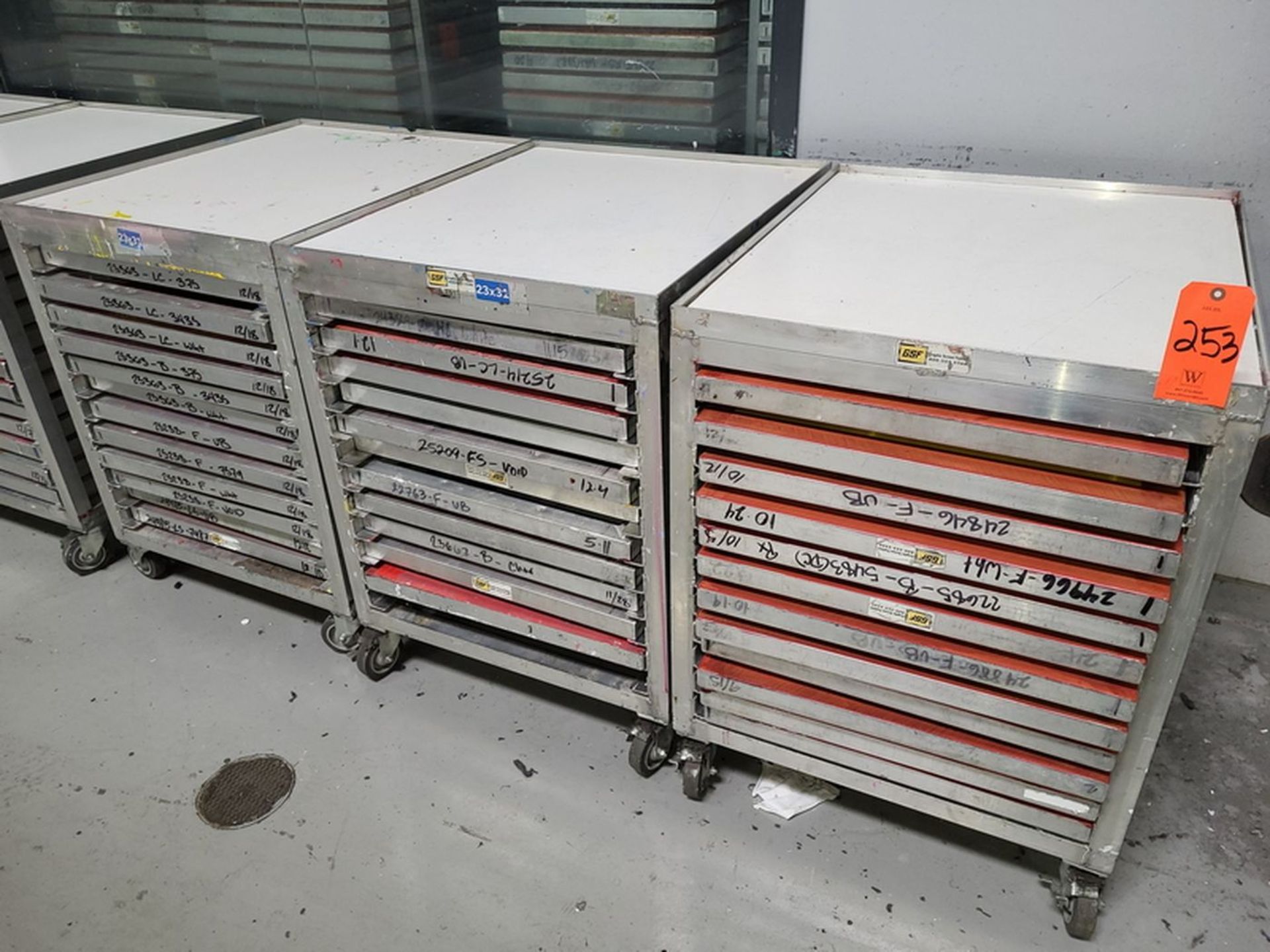 Lot - (3) GSF Portable Aluminum Screen Carts & Contents; Fits 23 in. x 31 in. Frames, Includes (