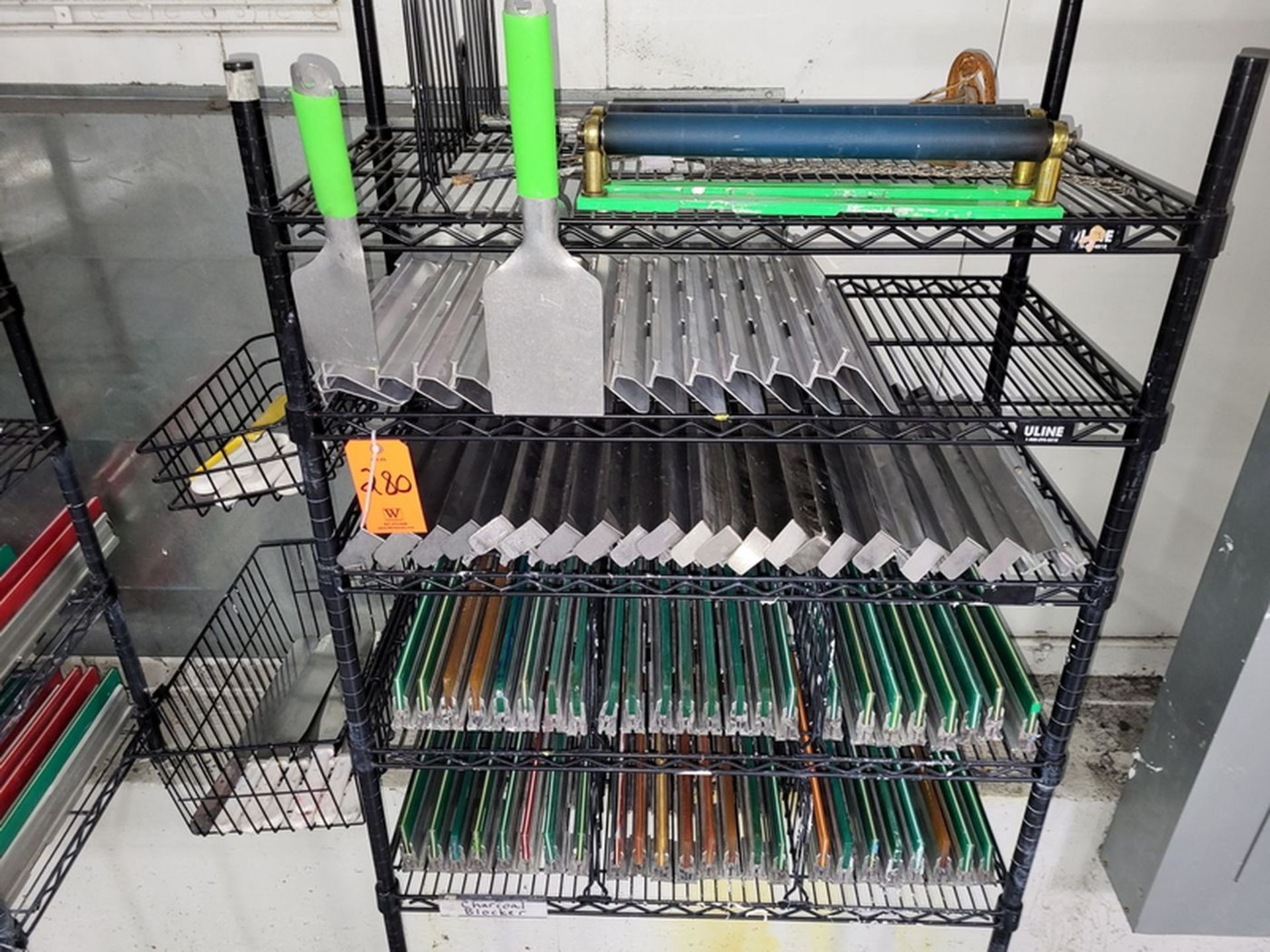 Lot - (4) Wire Racks & Contents with Squeegee's, Flood Bars & Related Tooling - Image 2 of 5
