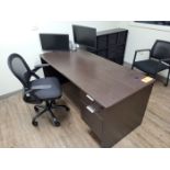 Lot - Office Furnishings; to Include: (1) Desk, (1) Swivel Chair, (1) Side Chair, and (1) Storage