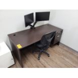 Lot - Wood Computer Desk & Contents; Includes Dual Monitors, Swivel Chair