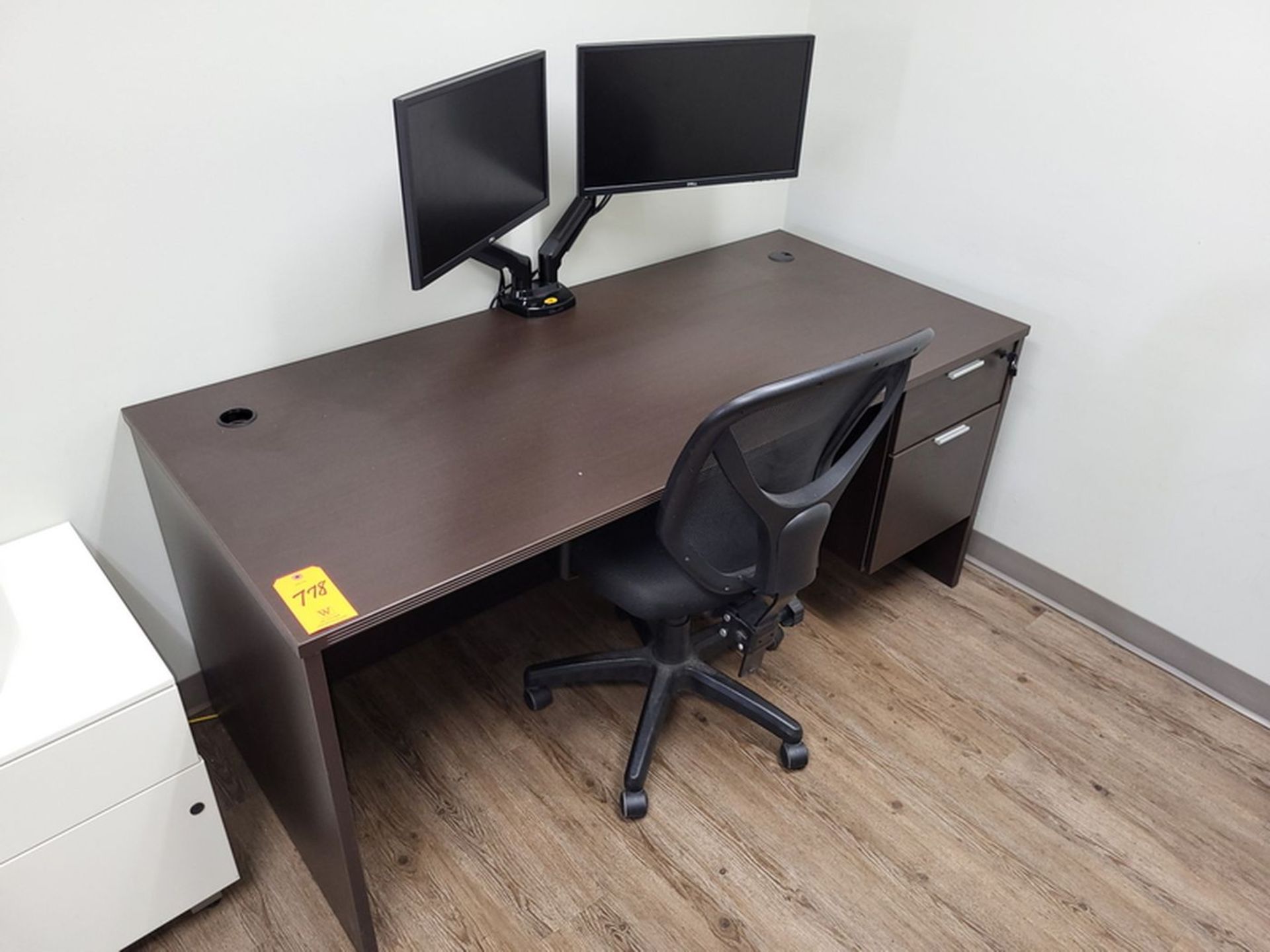 Lot - Wood Computer Desk & Contents; Includes Dual Monitors, Swivel Chair