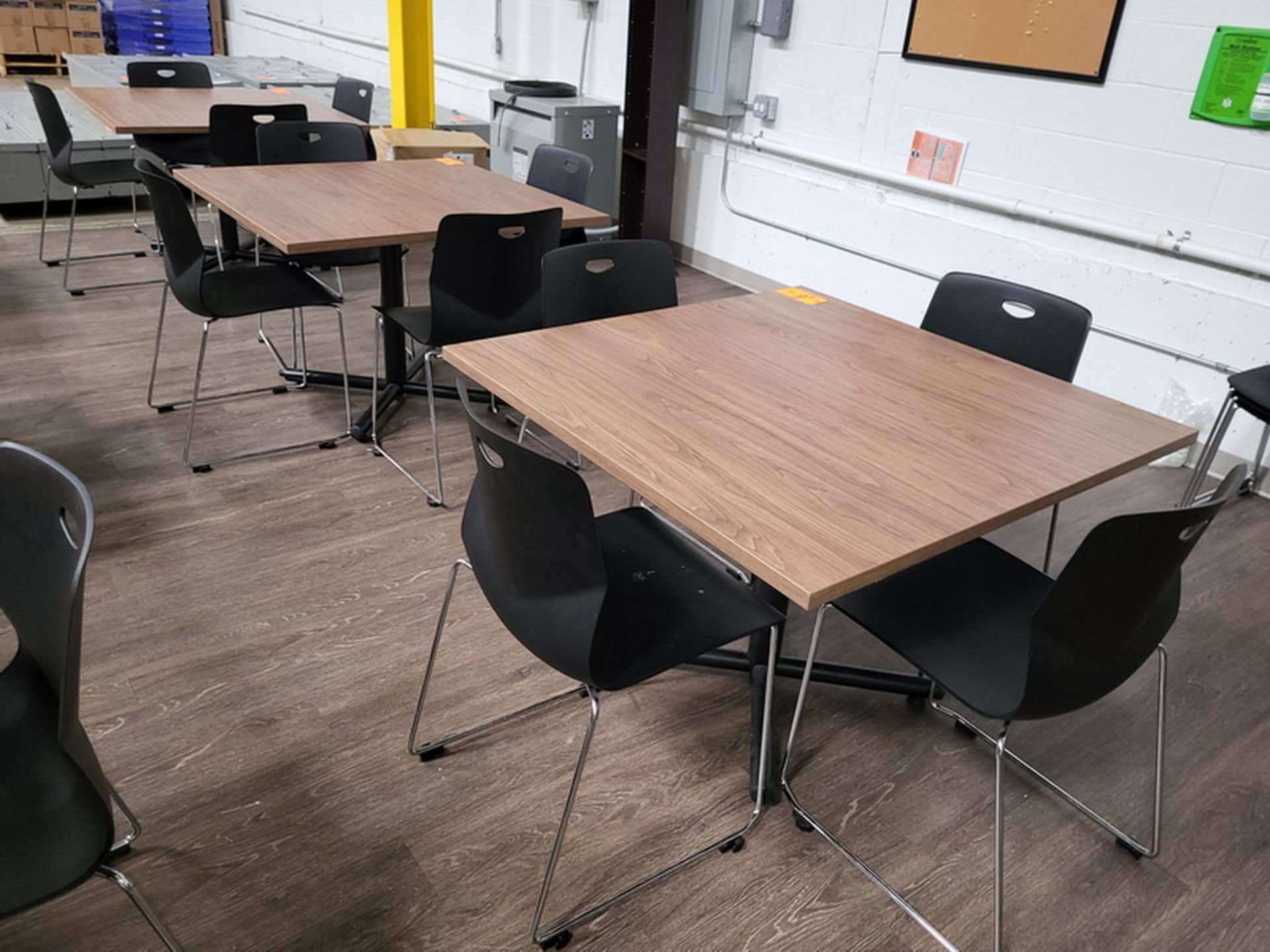 Lot - (3) Lancaster(?) Cafeteria Tables; 42 in. x 42 in. x 29.5 in. high, Includes (15) Stackable