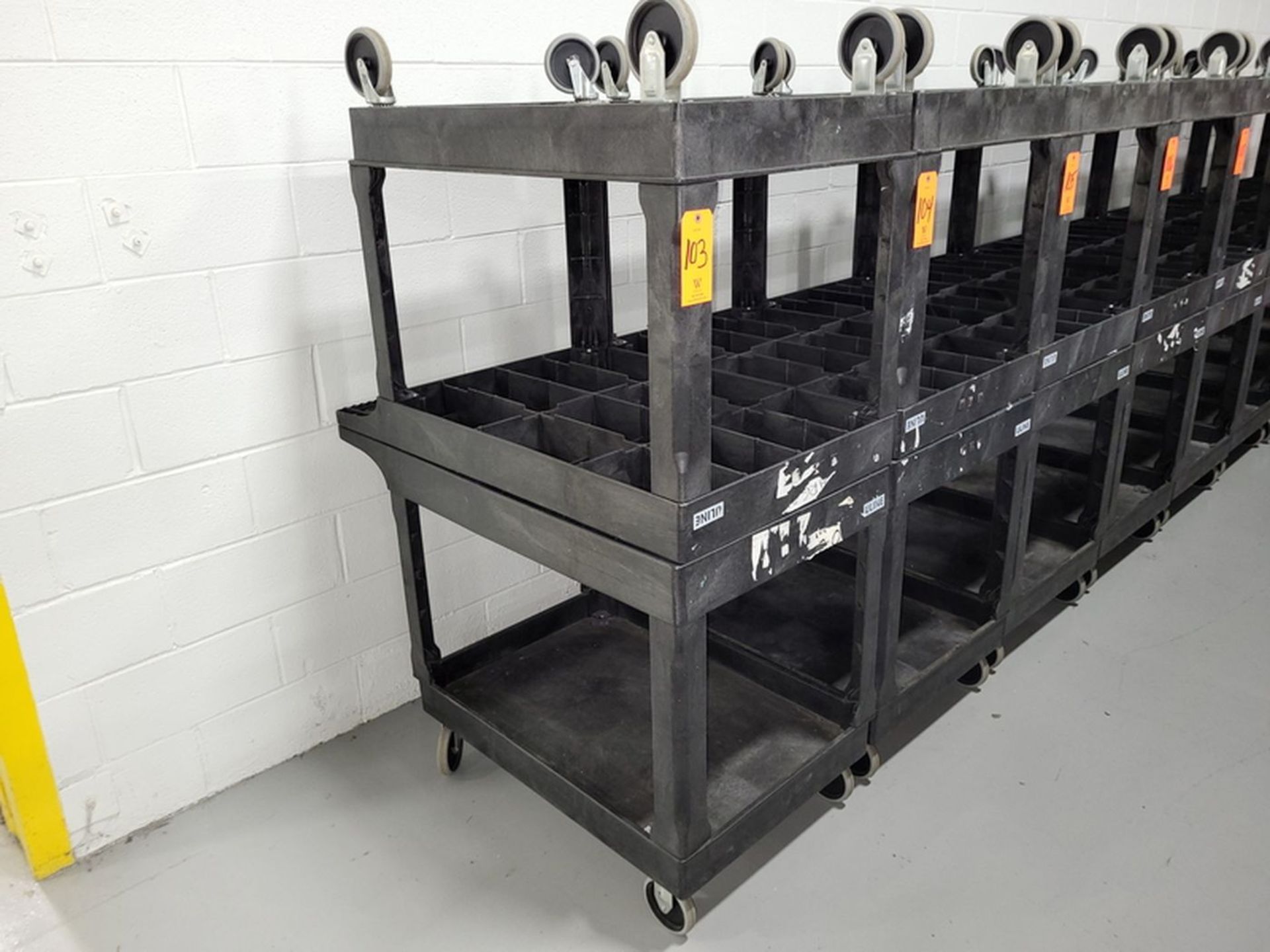 Lot - (2) Uline Poly Flat Shelf Utility Carts; 2-Tier with Single Side Handle, Overall Size 25 in. x