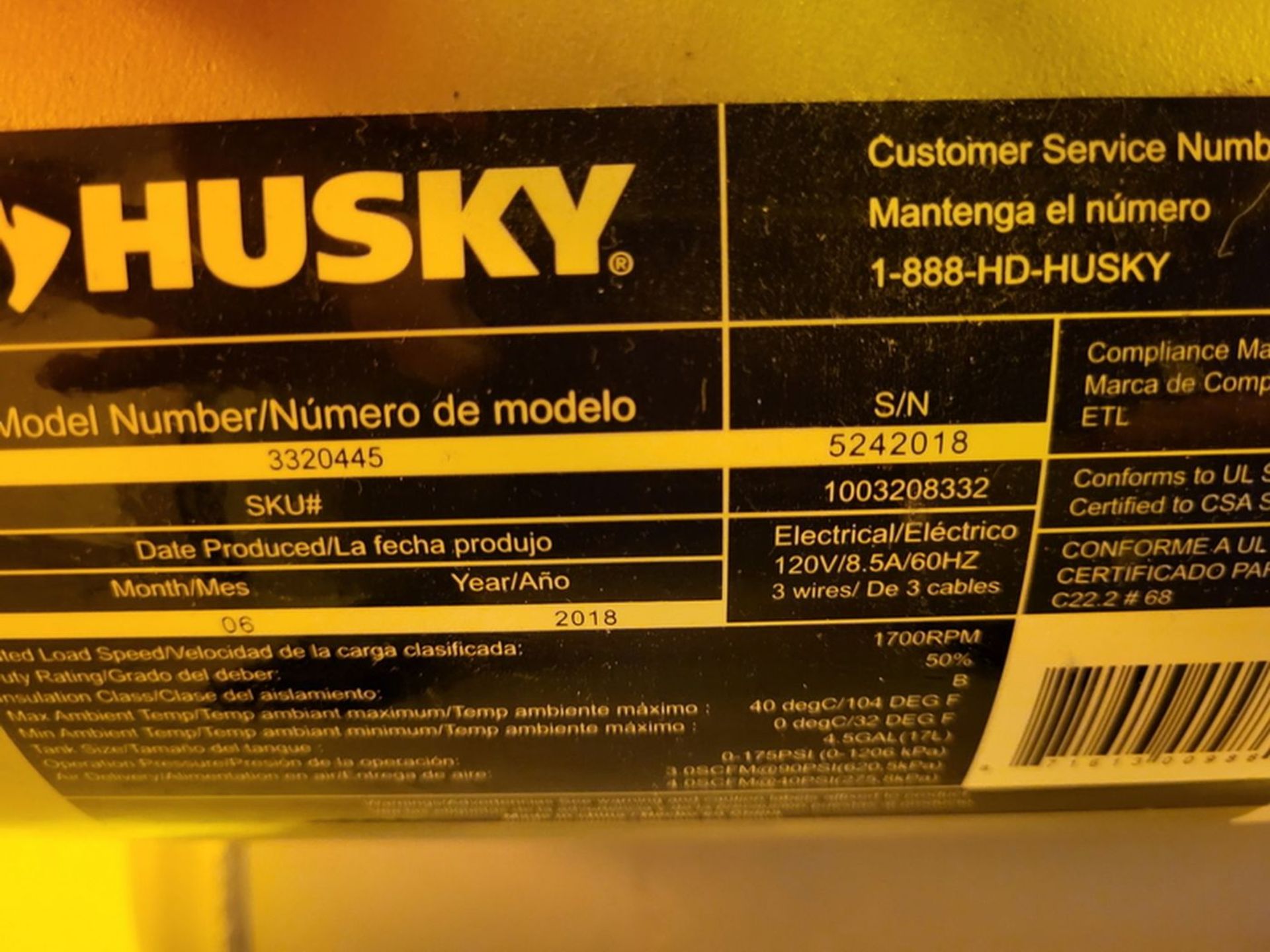 Husky Model 3320445 Portable Silent Compressor, S/N: 5242018 (2018); (Note: Same Model & S/N as - Image 3 of 3