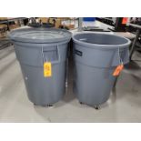 Lot - (2) Uline 55-Gallon Poly Trash Cans; Both Include Dolly, (1) Lid