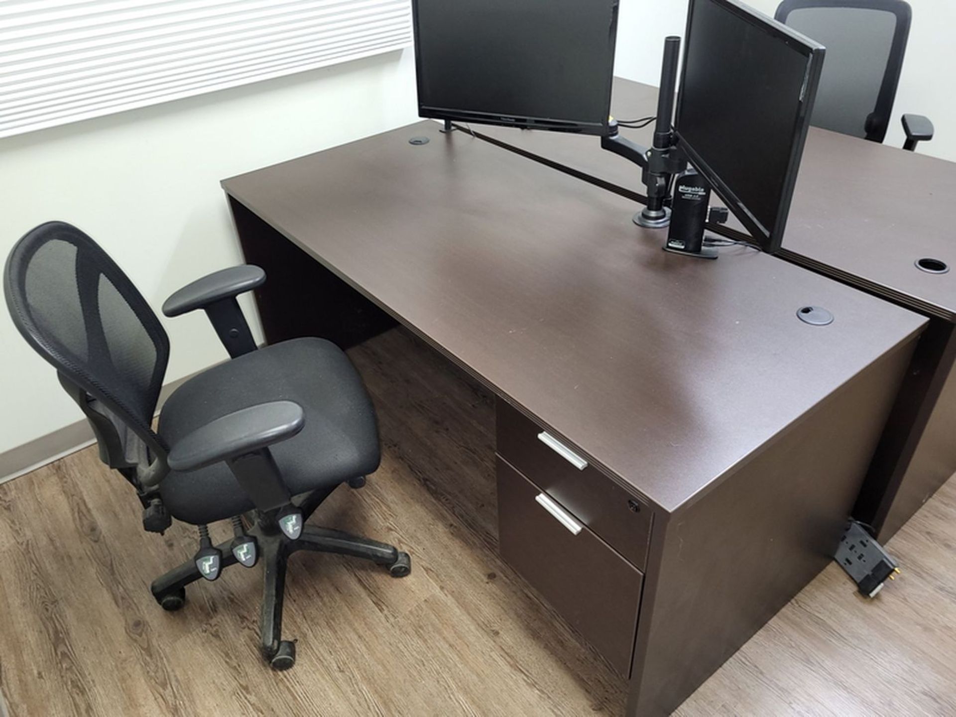 Lot - (2) Wood Desks; (2) Swivel Chairs, (1) Desk Includes Dual Monitors and Stand