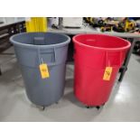 Lot - (2) Uline 55-Gallon Poly Trash Cans; Both Include Dolly