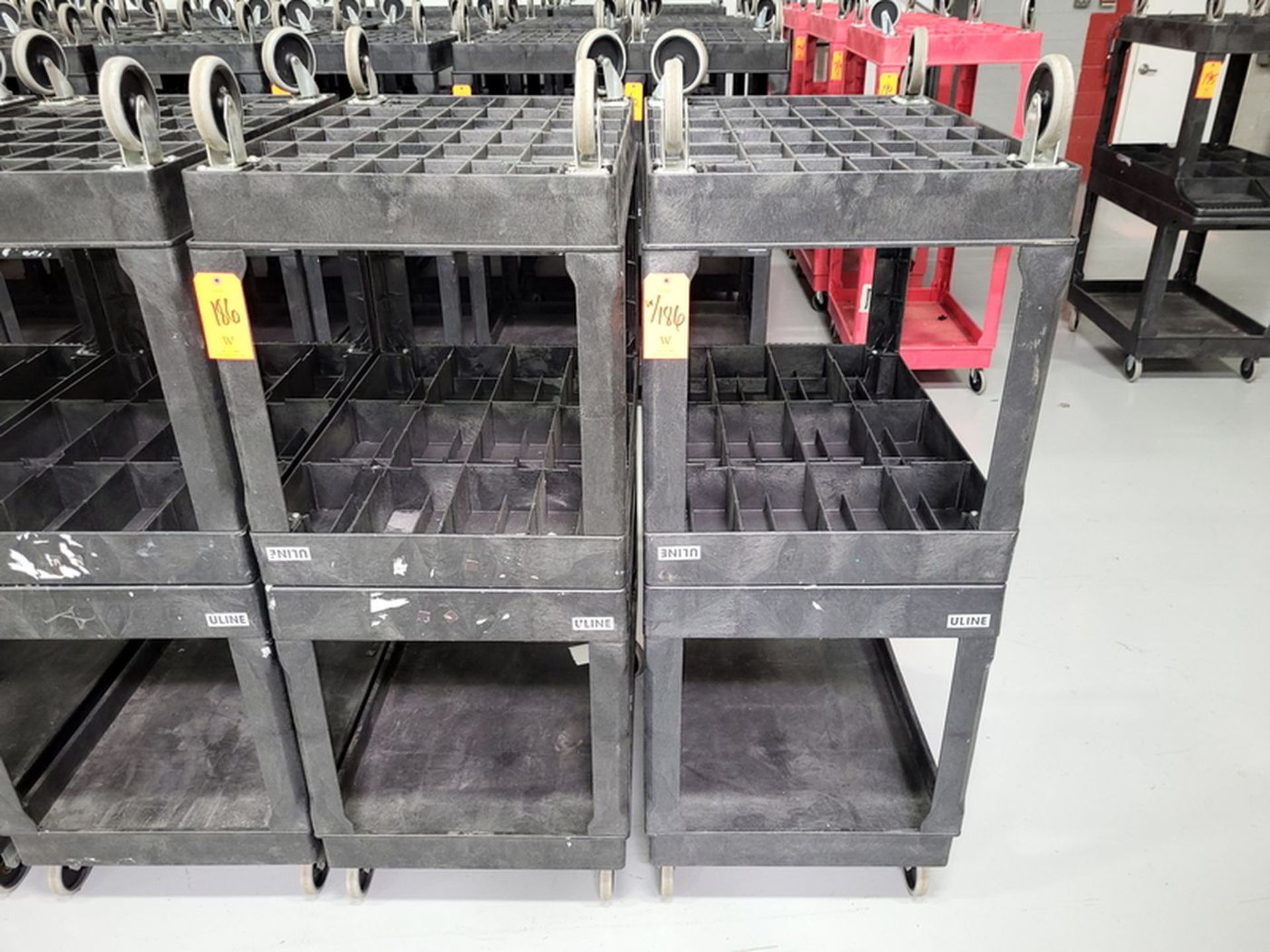 Lot - (4) Uline Poly Flat Shelf Utility Carts; 2-Tier, with Single Side Handle, Overall Size 25