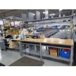 Lot - (2) Assorted Worktables; Includes (1) 8 ft. x 3 ft. Wood Top with Shelf Unit, and (1) 5 ft.