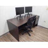 Lot - Office Furnishings; Include: (2) Desks, (2) Swivel Chairs, (1) 2-Drawer File, and (4) PC