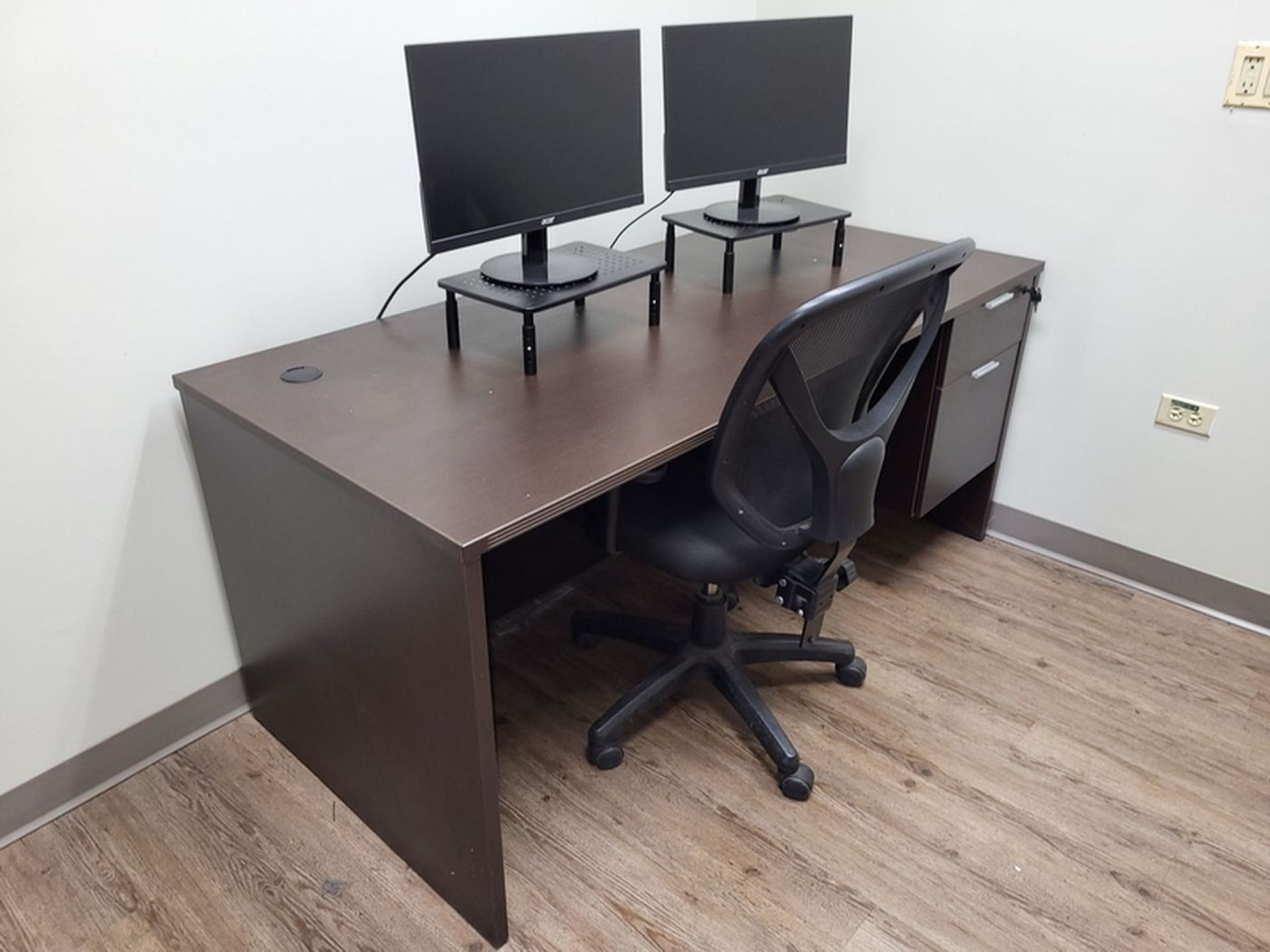 Lot - Office Furnishings; Include: (2) Desks, (2) Swivel Chairs, (1) 2-Drawer File, and (4) PC