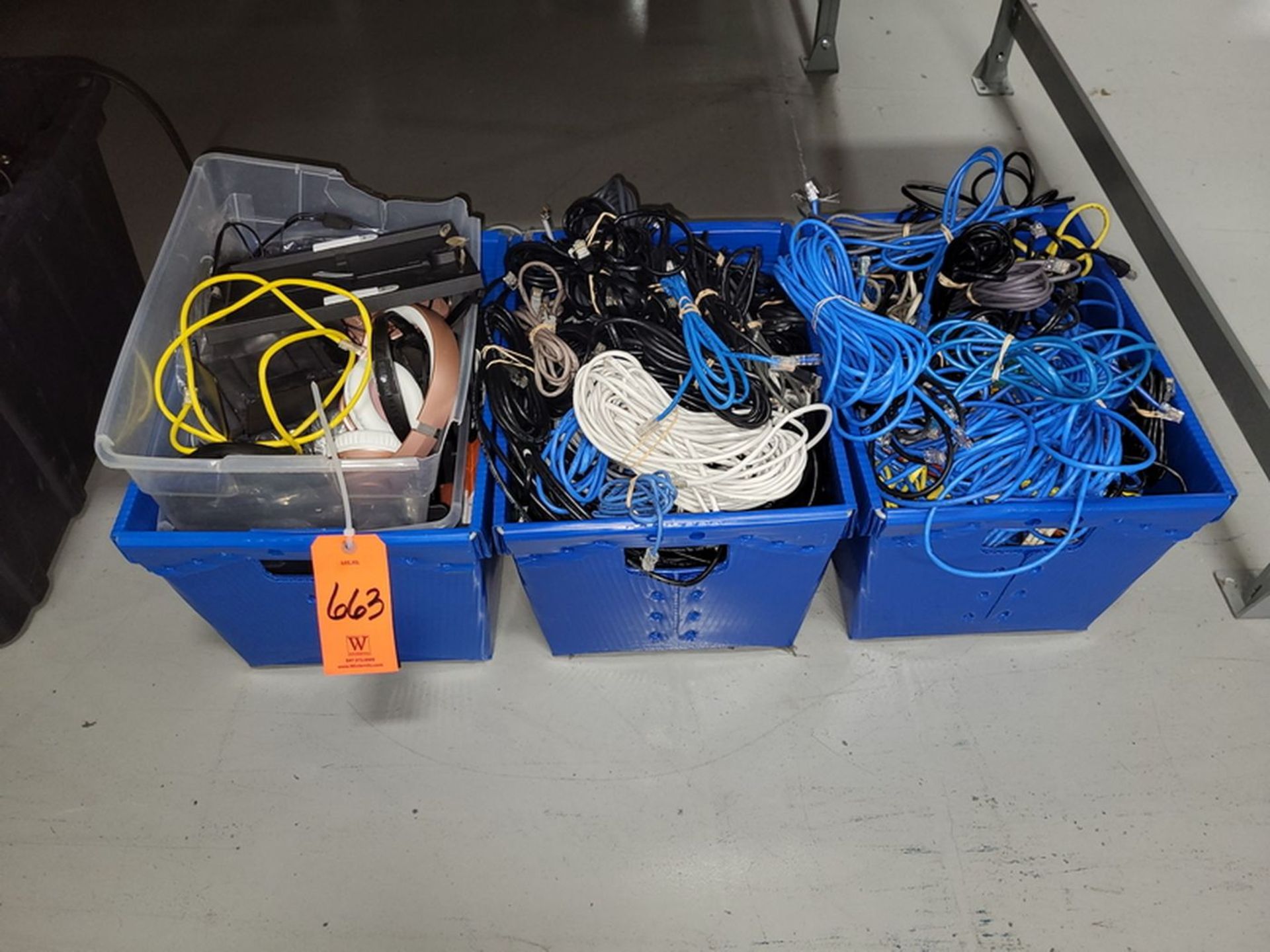 Lot - Ethernet Cables, Extension Cords & Ergonomic Pads, in (4) Bins