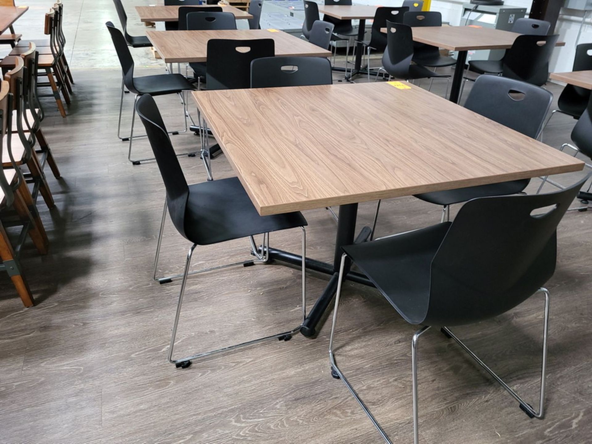 Lot - (3) Lancaster(?) Cafeteria Tables; 42 in. x 42 in. x 29.5 in. high, Includes (12) Stackable