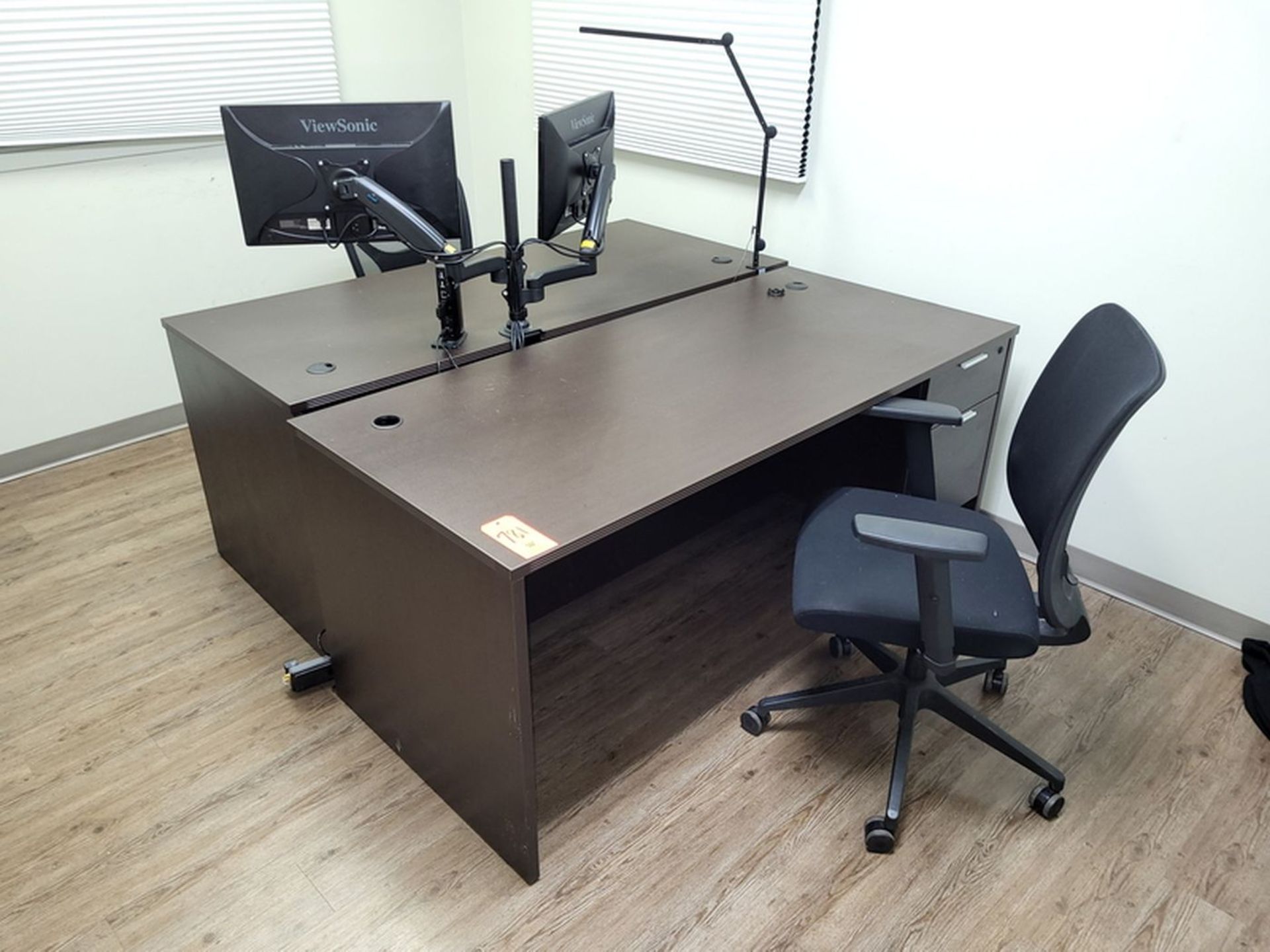Lot - (2) Wood Desks; (2) Swivel Chairs, (1) Desk Includes Dual Monitors and Stand - Image 2 of 2
