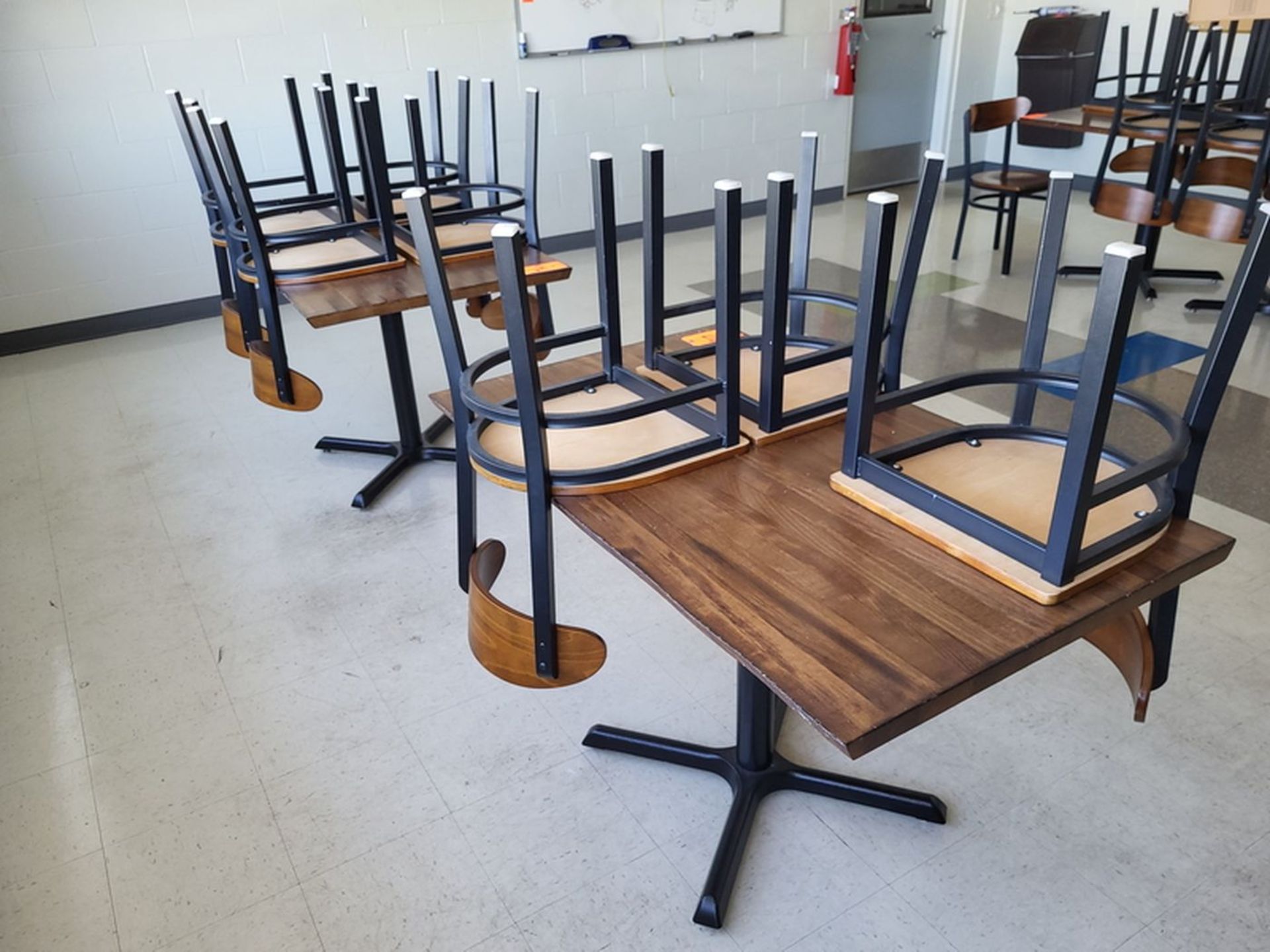 Lot - (2) Wood Cafeteria Tables & (7) Matching Chairs; 30 in. x 48 in.