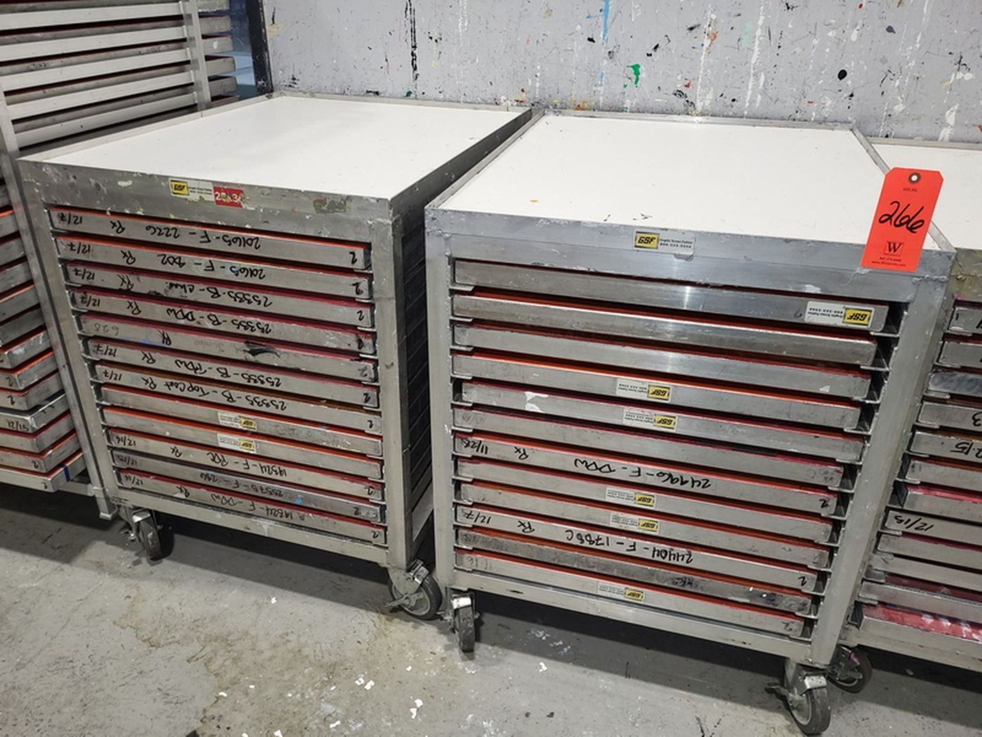 Lot - (2) GSF Portable Aluminum Screen Carts & Contents; Fits 25 in. x 36 in. Frames, Includes (