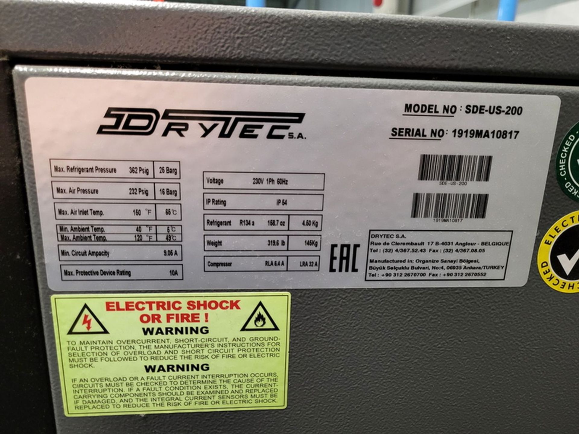DryTec Model SDE-US-200 Refrigerated Air Dryer, S/N: 1919MA10817 (2017 est.); 362 PSIG Max. Comp. - Image 2 of 2