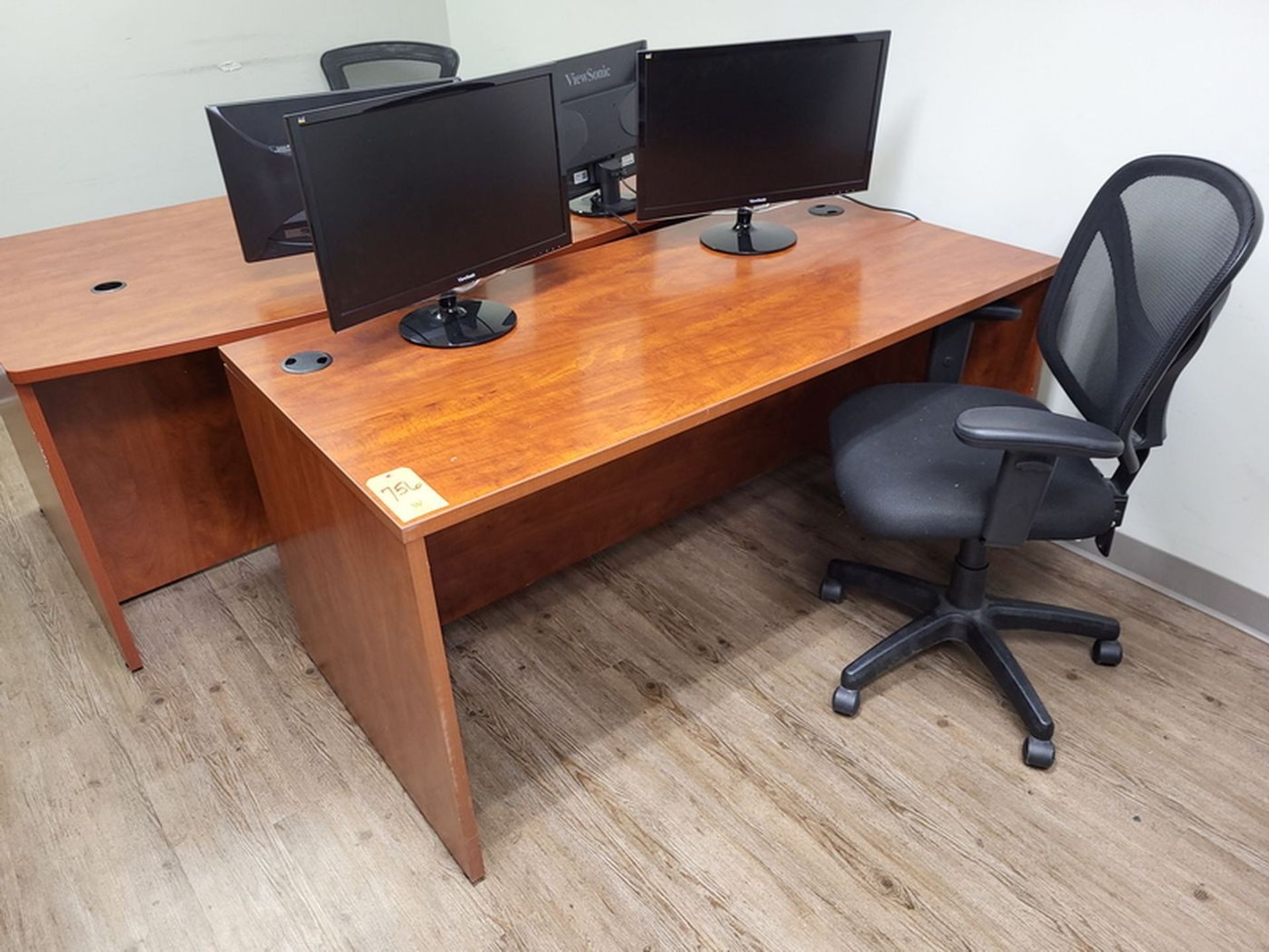 Lot - Office Furnishings; to Include: (2) Wood Office Desks, (2) Monitor Stands with ViewSonic - Image 3 of 3