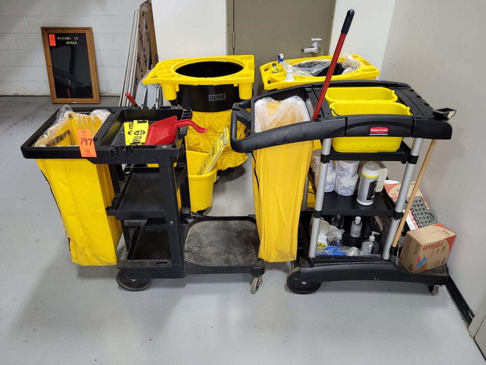 Lot - Rubbermaid Janitorial Carts & Equipment; to Include: (2) Carts, (2) Mobile Trash Cans & (2)