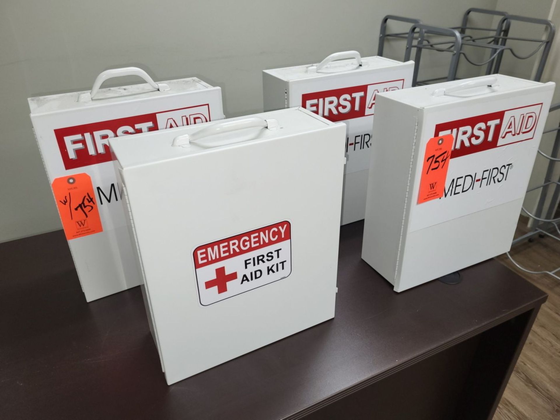 Lot - (4) Wall-Mounted First Aid Kits; 14 in. x 5.5 in. x 16 in. high, Include Contents