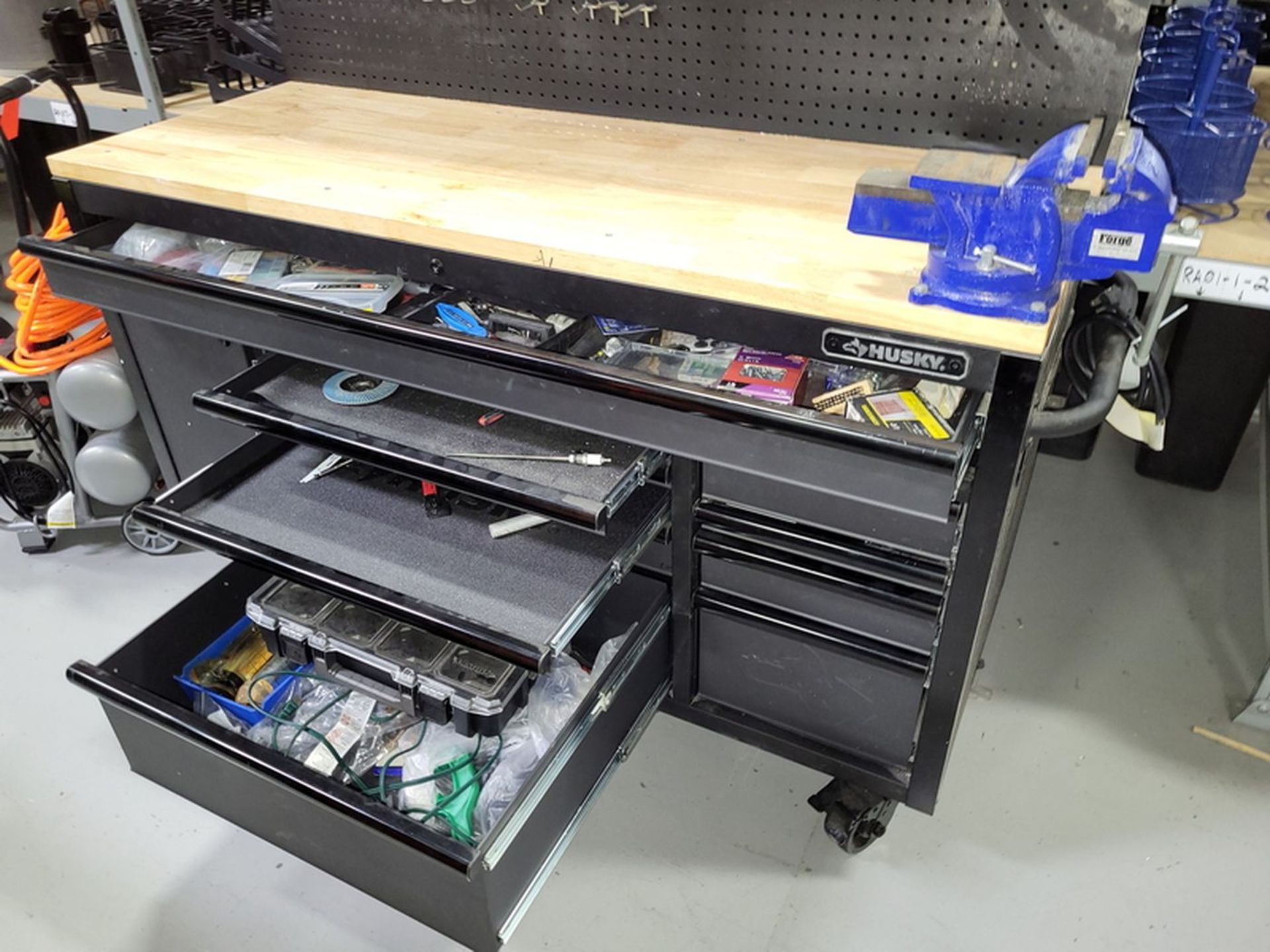 Husky 60 in. Maple Top Portable Steel Tool Work Bench; with Vise; Electric Outlets - Image 3 of 3