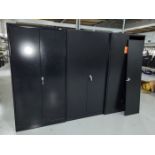 Lot - (3) Uline 2-Door Metal Supply Cabinets; Black, (1) Unit has Damaged Door
