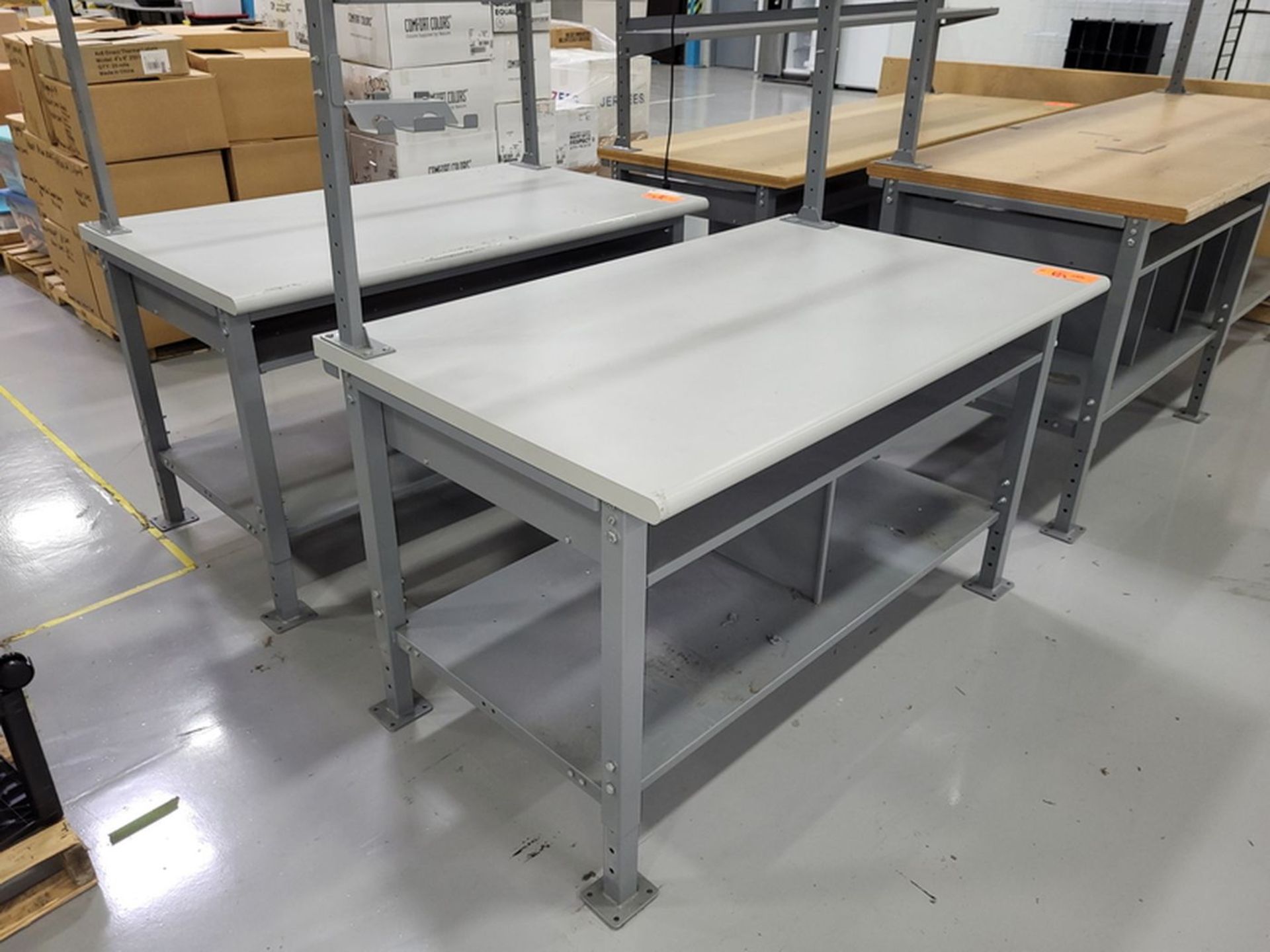 Lot - (2) 5 ft. x 3 ft. Laminate Work Tables; Includes Overhead Support