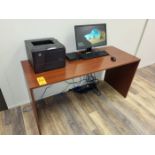 Lot - Wood Computer Desk & Contents; Includes Dell OptiPlex 3050 Micro PC, Monitor, and HP