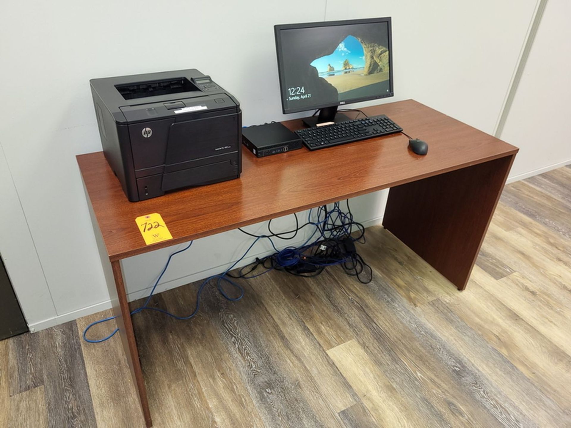 Lot - Wood Computer Desk & Contents; Includes Dell OptiPlex 3050 Micro PC, Monitor, and HP