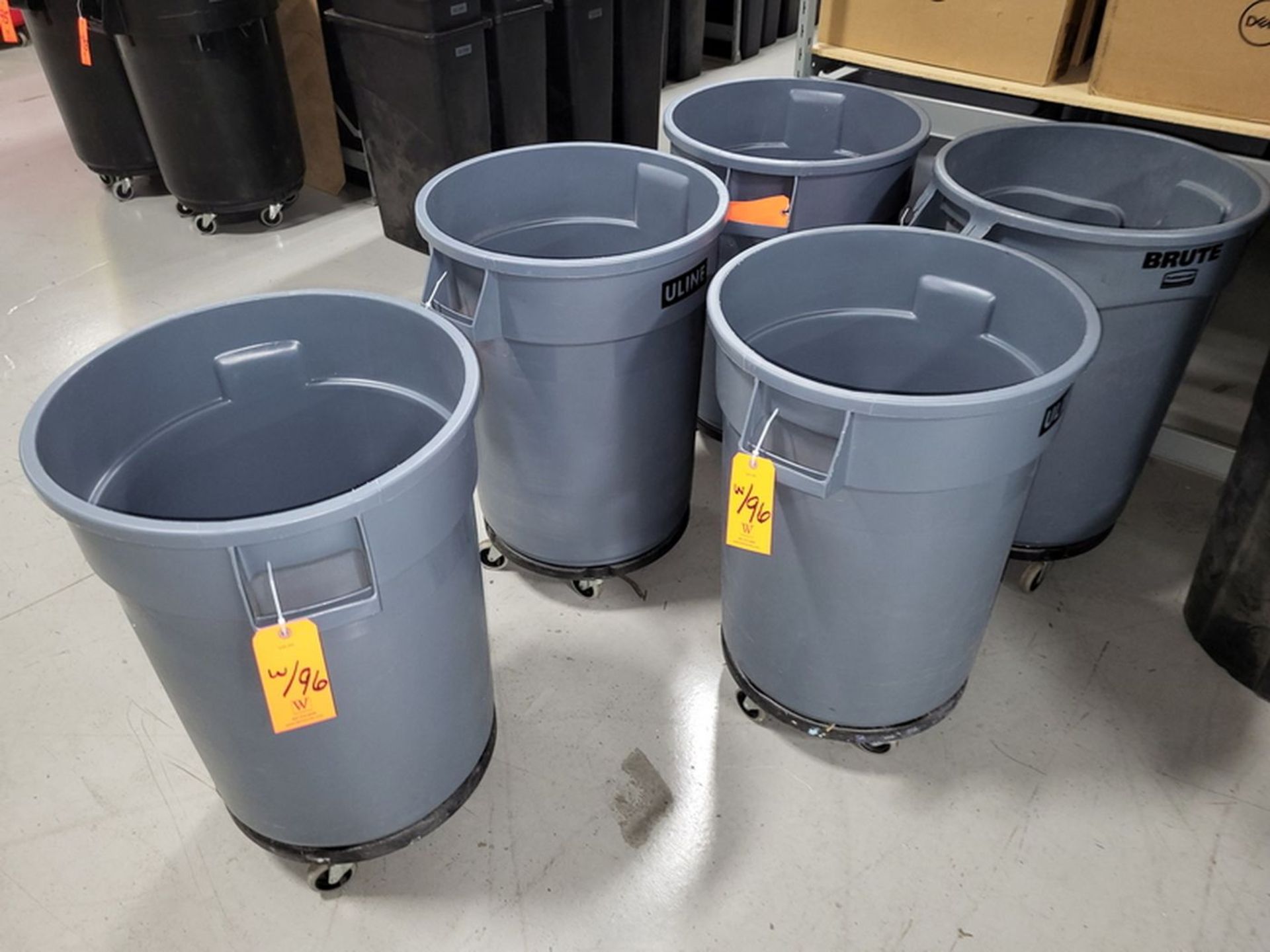 Lot - (5) 44-Gallon Poly Trash Cans; with Dollies