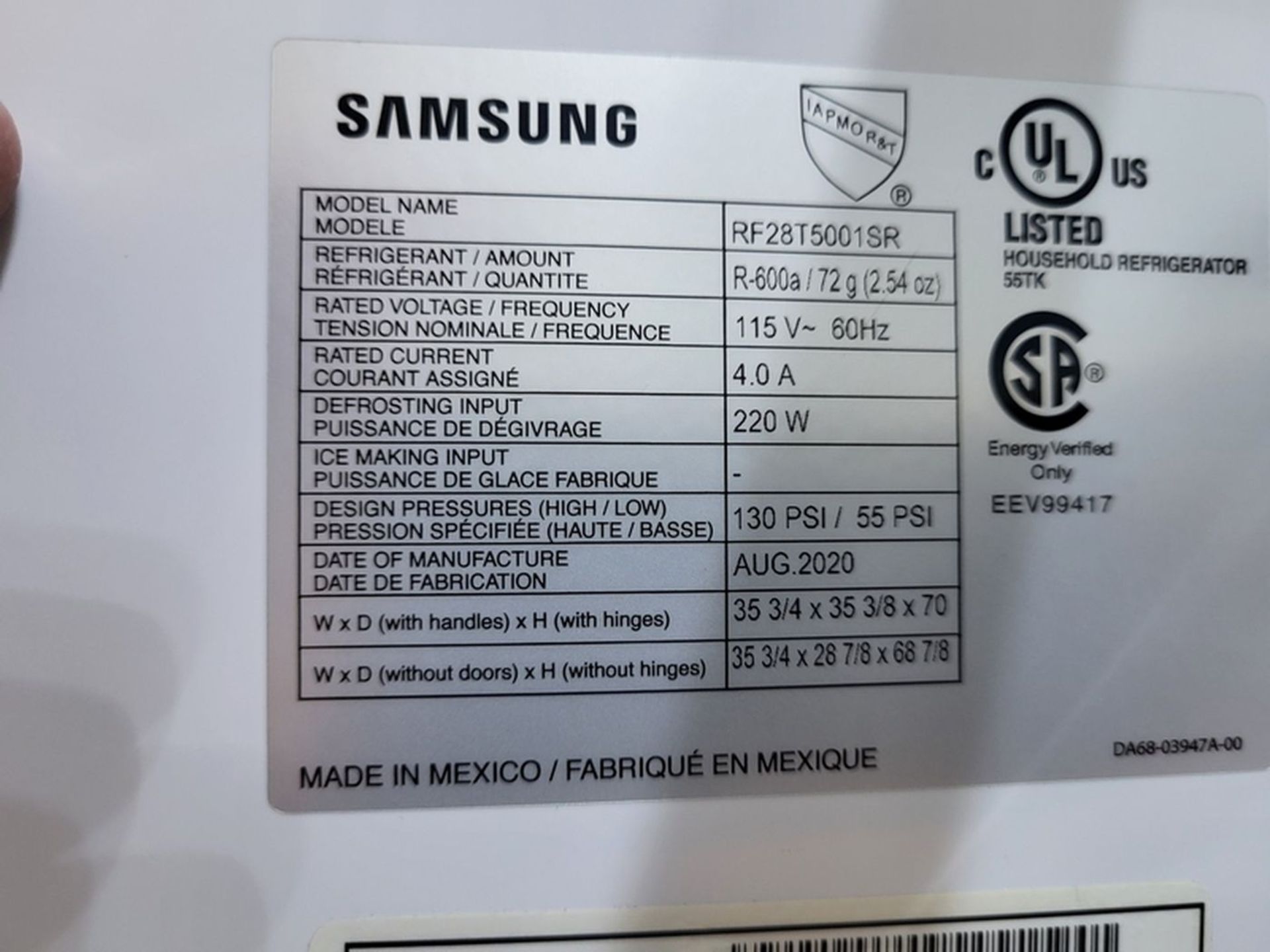 Samsung Model RF28T5001SR Stainless Steel Refrigerator/Freezer, S/N: 0B5X4BBN805014V (2020); - Image 3 of 4