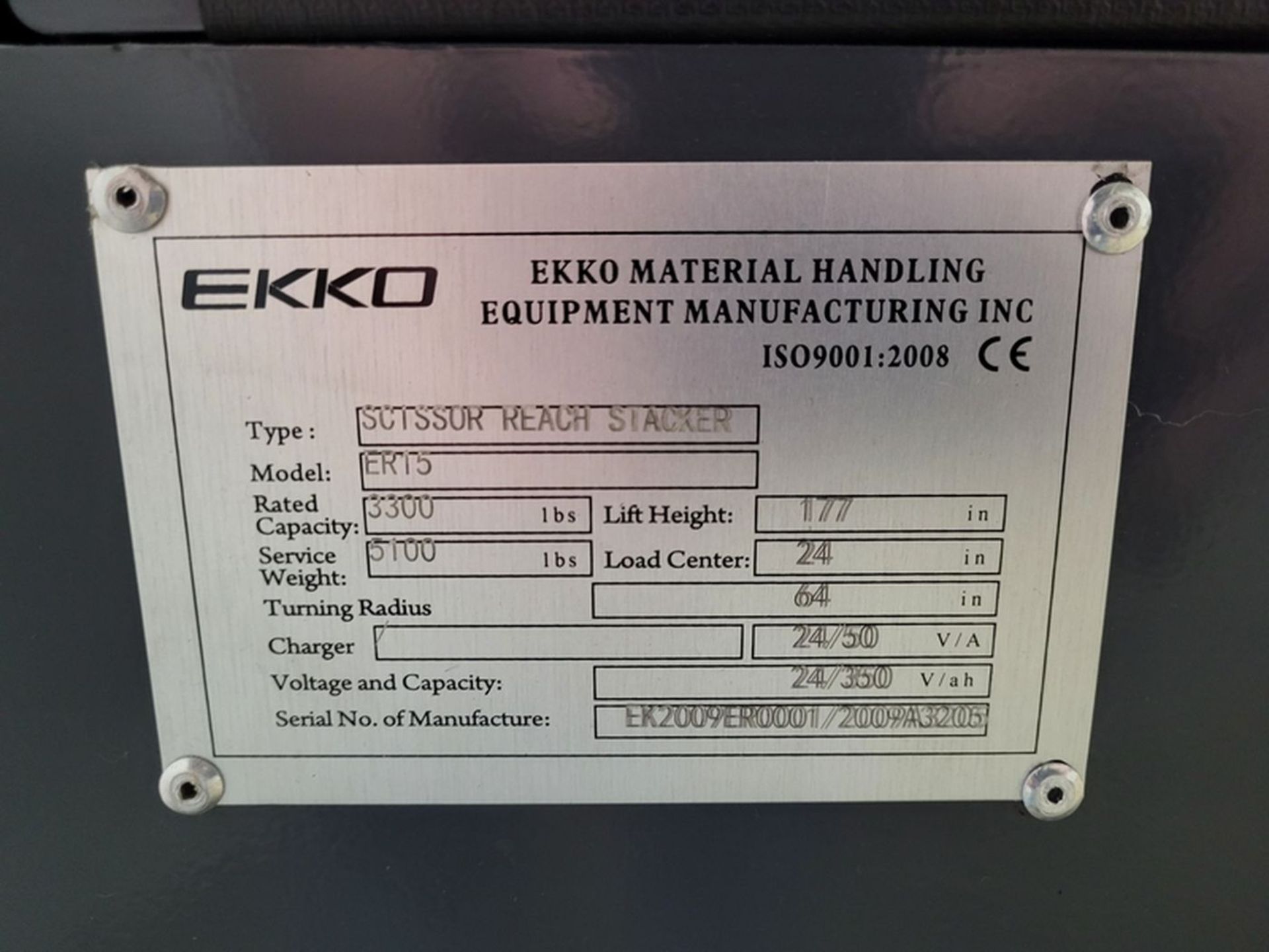 EKKO 3,300 lb. Cap. Model ERT5 Electric Walk-Behind Scissor Reach Stacker, S/N: EK2009ER0001/ - Image 6 of 6