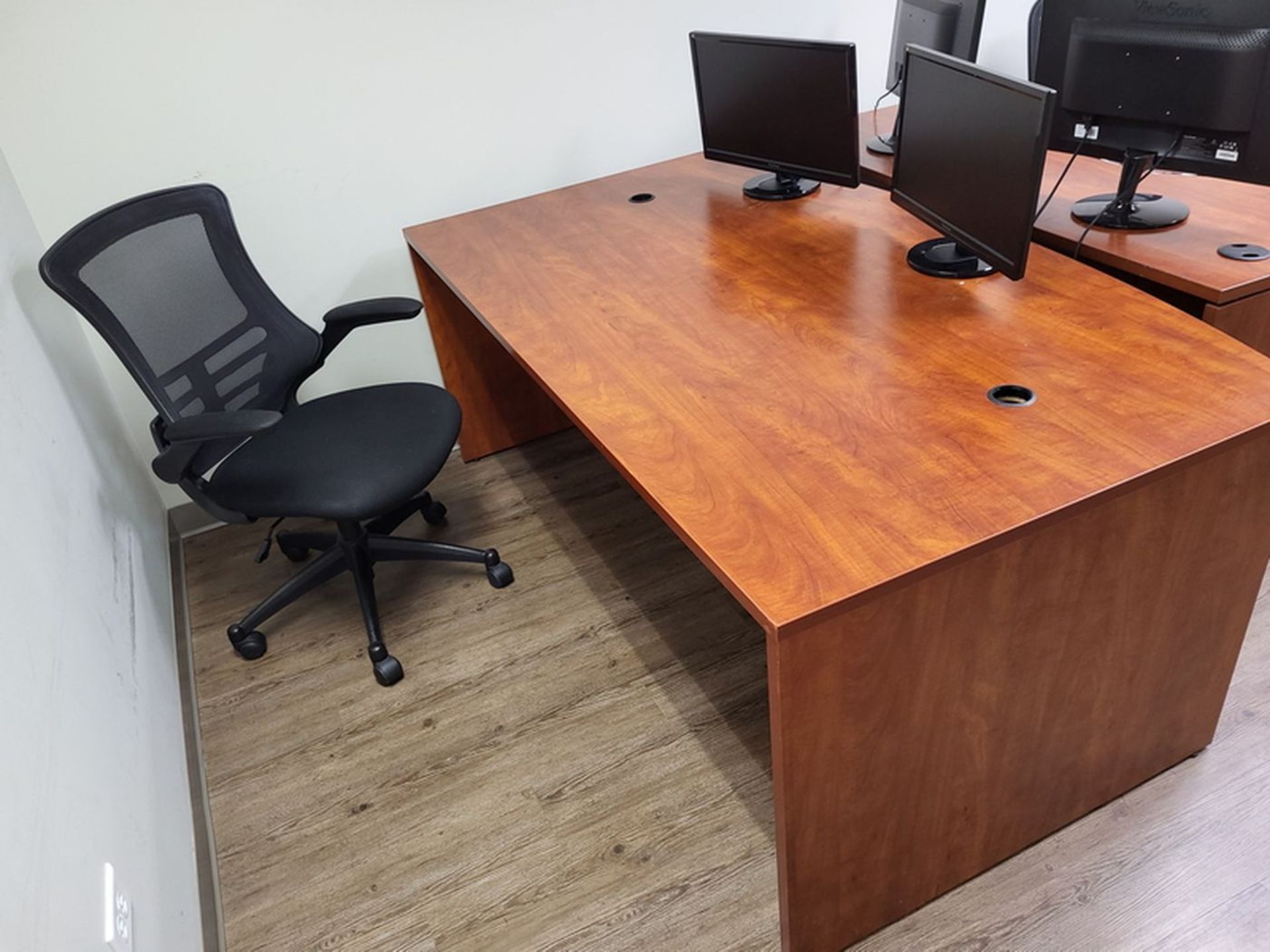 Lot - Office Furnishings; to Include: (2) Wood Office Desks, (2) Monitor Stands with ViewSonic - Image 2 of 3