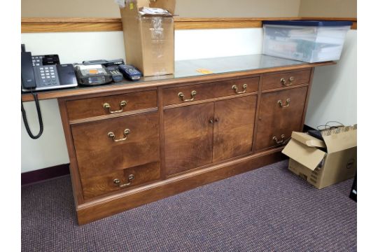 Wood Credenza, W/Glass Top, 21 x 84 x 30.5 in. H., No Contents (Upstairs) (Located At: Building - Image 1 of 2