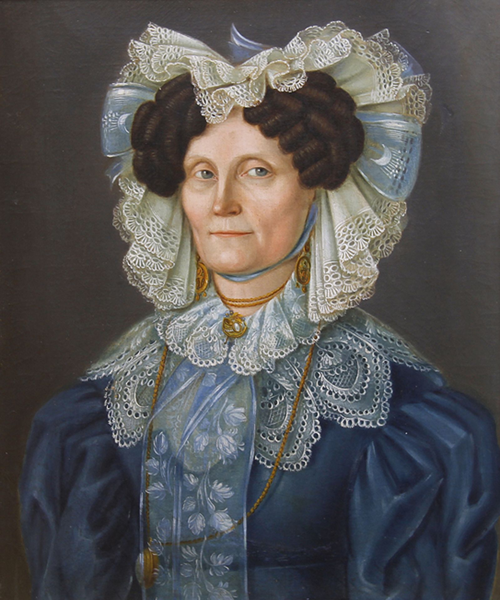 JOHANN SAMUEL OCKEL: Bildnis einer Dame im Biedermeiergewand mit Spitzenhaube und -kragen.