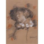 HUGO VON HABERMANN: Bruststück einer Dame mit Hut und Pelzkragen.